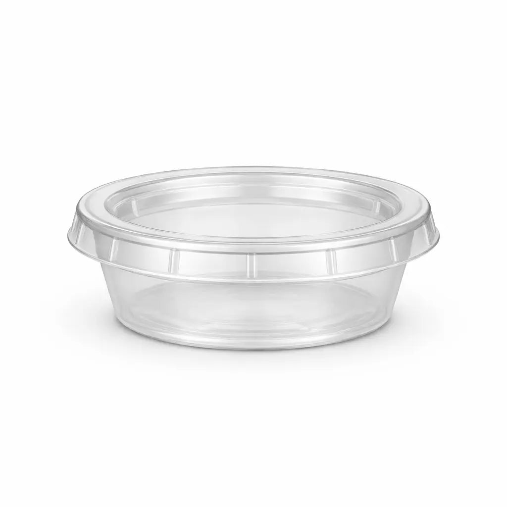 The Heavy Duty Sauce Cups & Lids 2oz 800 Pack features clear, round plastic containers with fitted lids—perfect for portion control or takeaway—displayed on a plain white background.