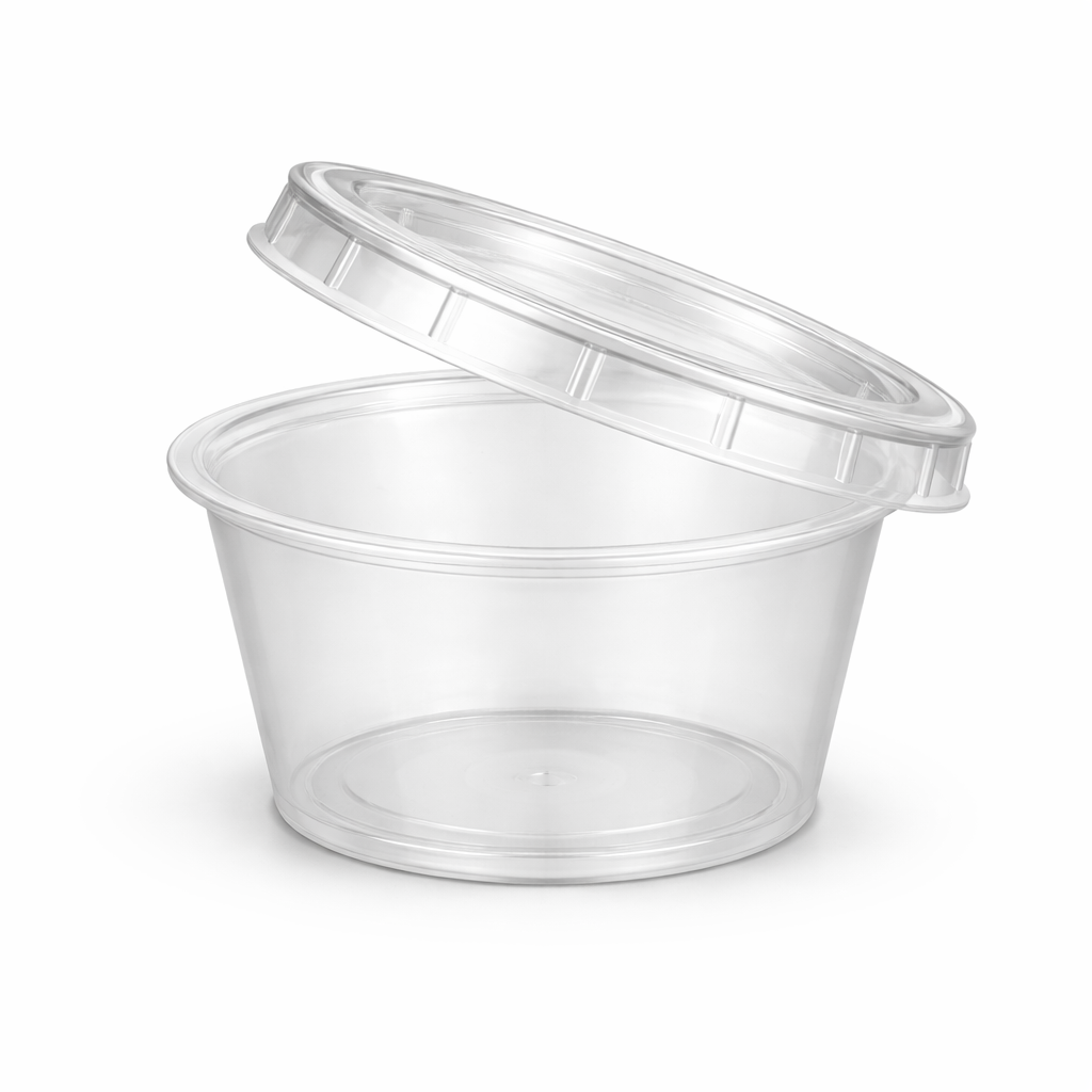 The Heavy Duty Sauce Cups & Lids 4oz 800 Pack is shown on a white background, with one clear plastic cup and its lid partially open, ideal for use as portion pots or sauce containers.