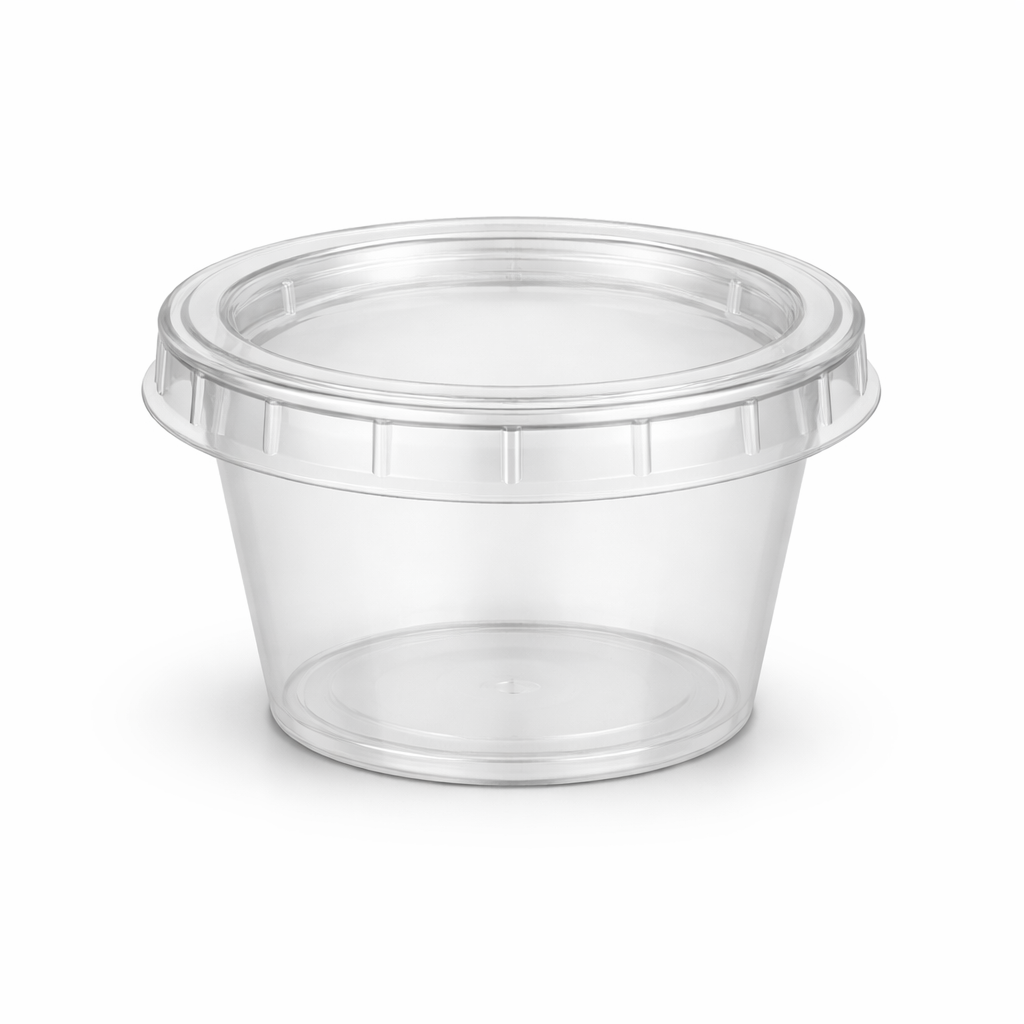 The Heavy Duty Sauce Cups & Lids 4oz 800 Pack features clear plastic cups with fitted lids, shown against a white background.