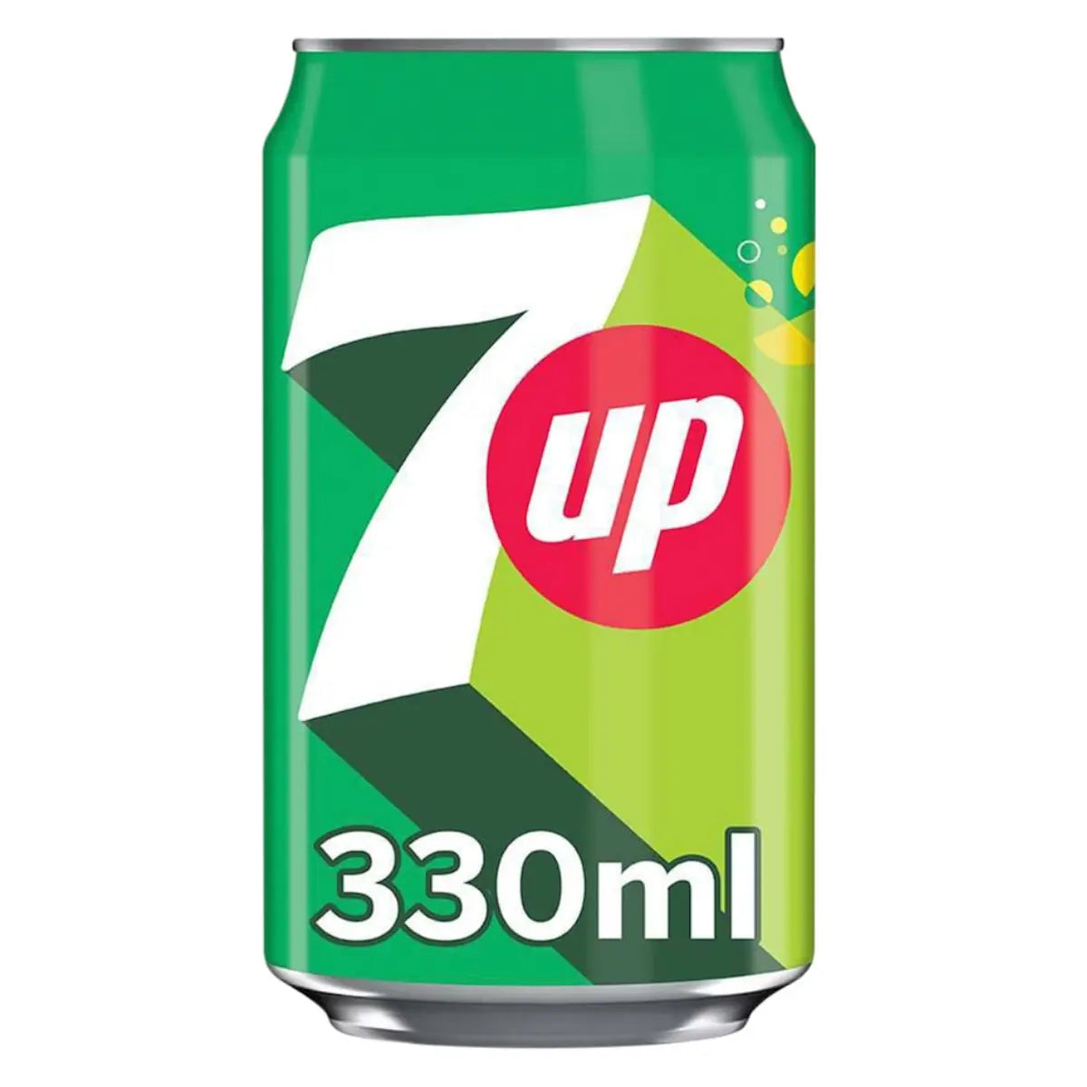7UP 330ml x 24: A pack of twenty-four green cans featuring the classic 7UP branding on front.