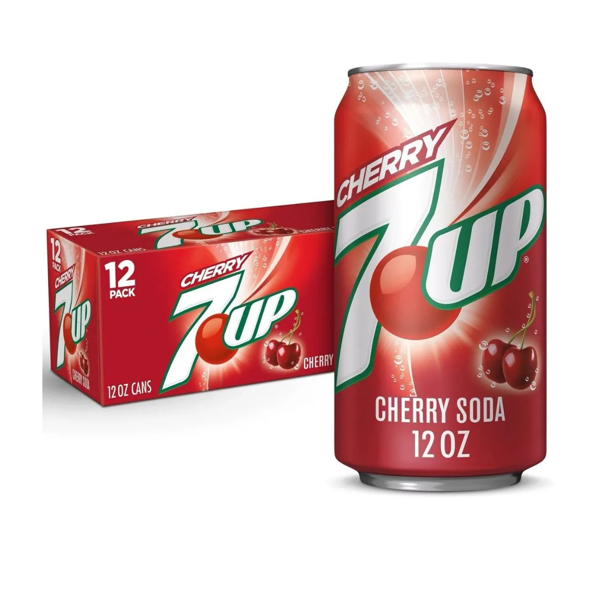A 7up Cherry 12 x 355ml pack displays vibrant red packaging with cherries and logos—ideal for those after USA import soft drinks or buying bulk soft drinks wholesale.
