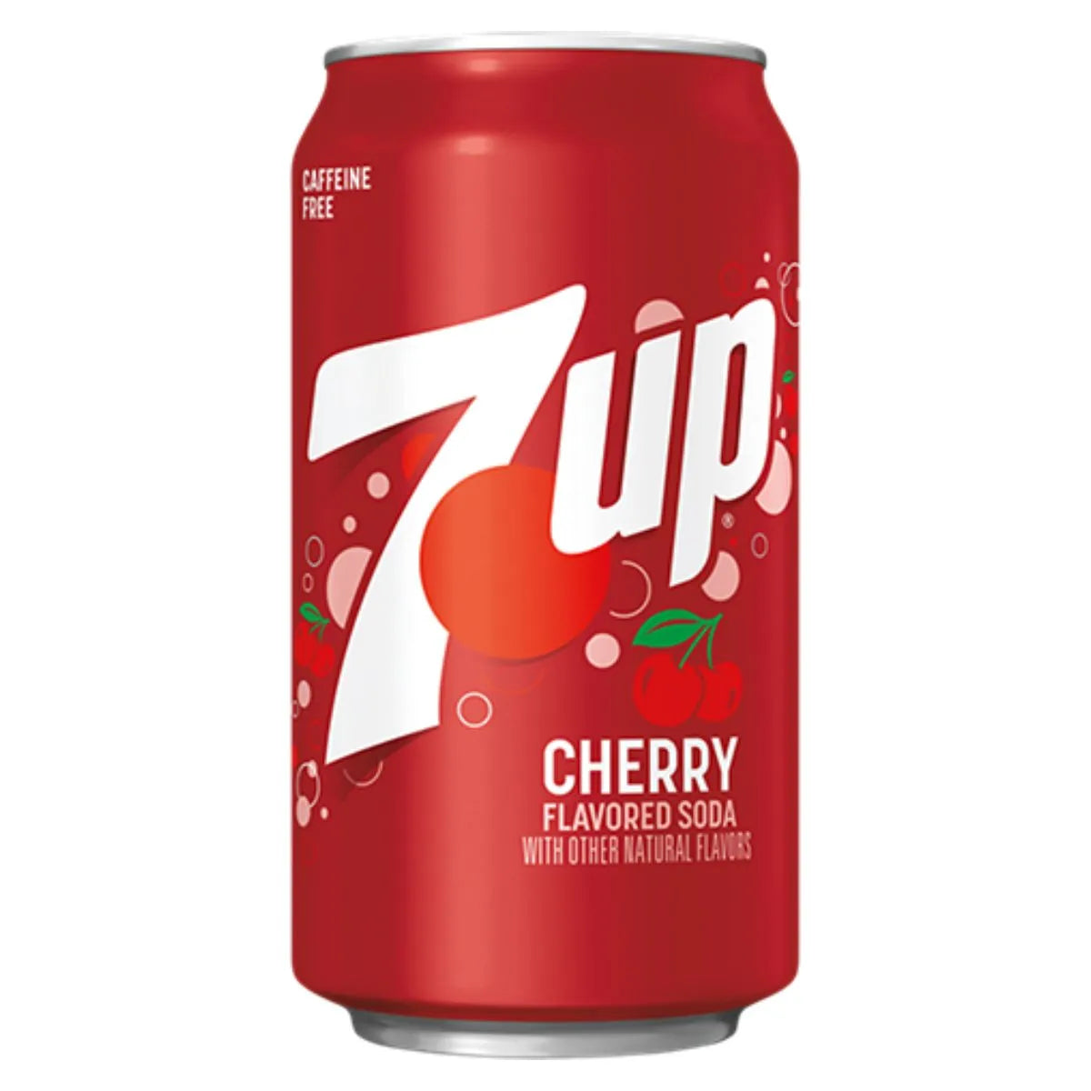 A pack of 7up Cherry 12 x 355ml cans, featuring cherry flavor, the 7UP logo, caffeine free and made with other natural flavors—perfect for bulk soft drink wholesale or USA import soda selections.