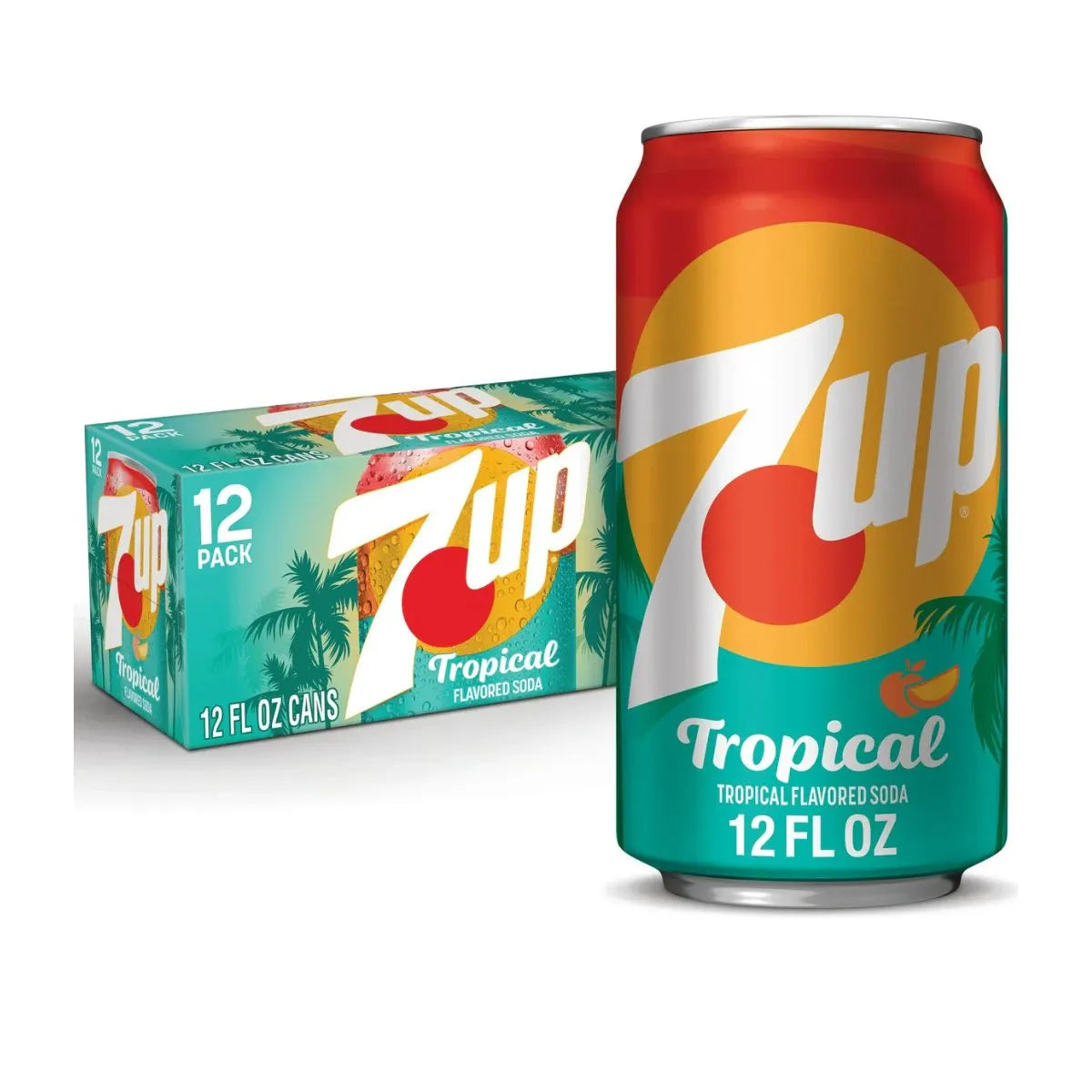 A 355ml can of 7up Tropical is displayed in front of its vibrant 12-pack box, ideal for those seeking USA import or wholesale soft drinks with a refreshing flavor.
