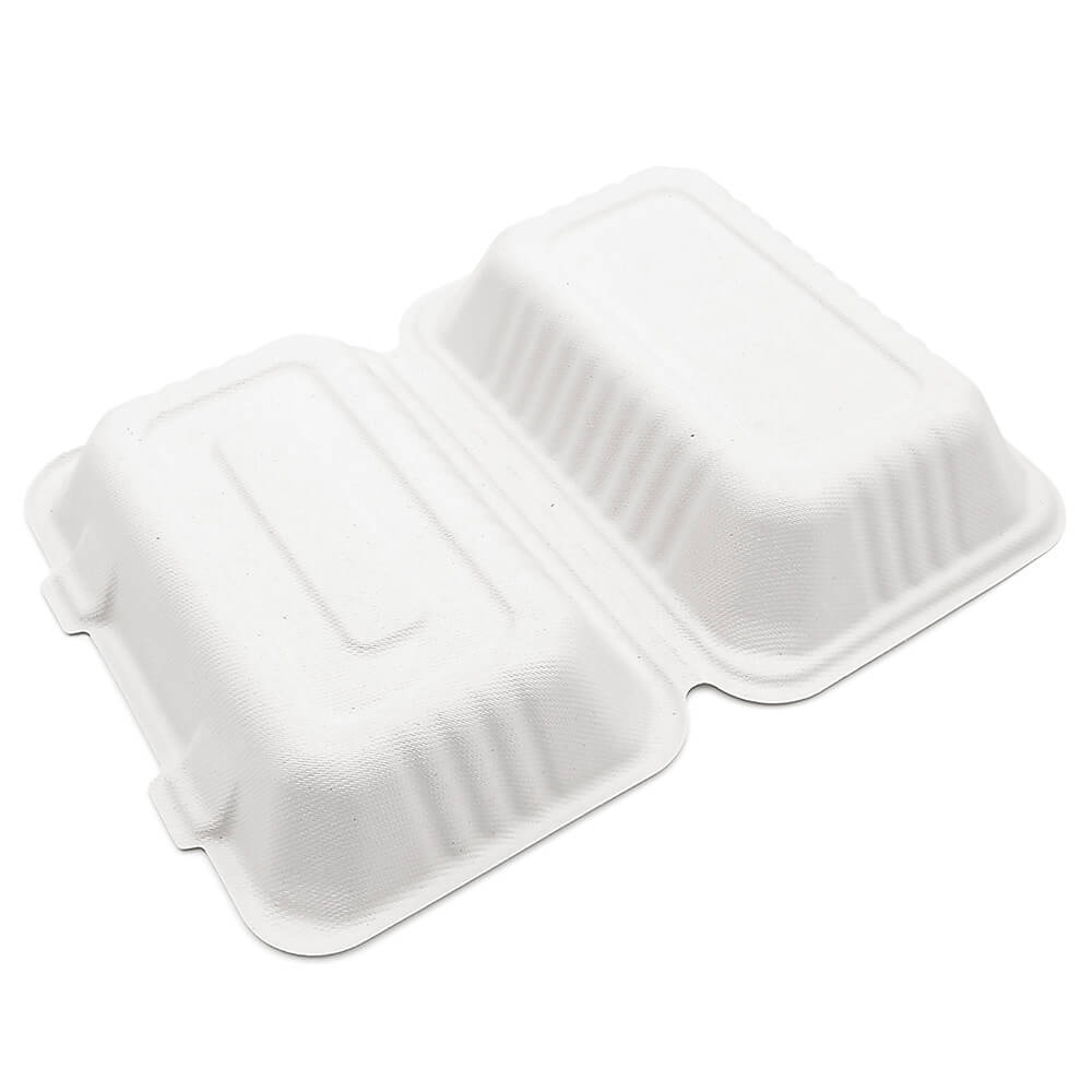 9x6" Bagasse Clamshell Takeaway Containers