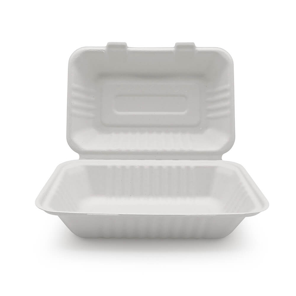 9x6" Bagasse Clamshell Takeaway Containers