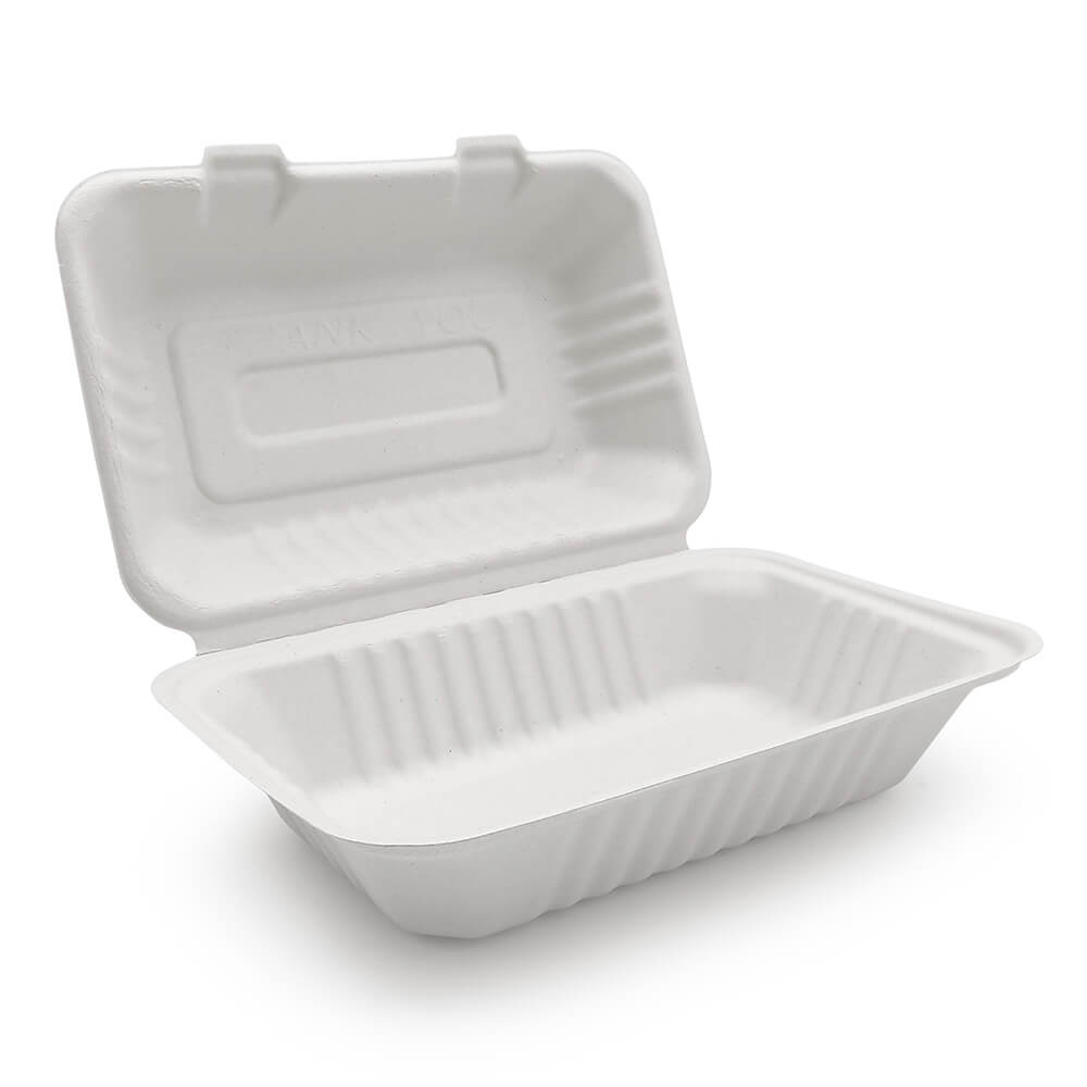 9x6" Bagasse Clamshell Takeaway Containers