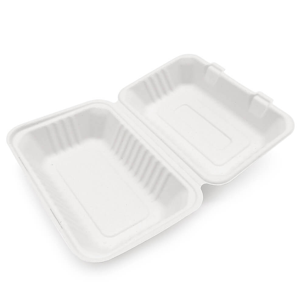 9x6" Bagasse Clamshell Takeaway Containers
