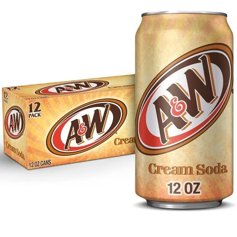 A&W Cream Soda 12 x 355ml packs display the brand’s logo and beige design—ideal for anyone wanting wholesale soft drinks or classic USA import sodas.