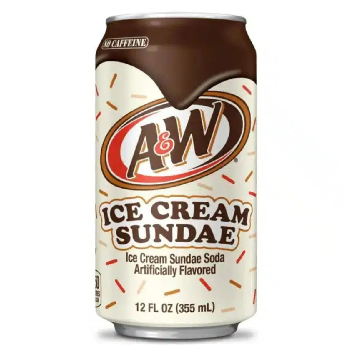 A&W Ice Cream Sundae 12 x 335ml is an imported, artificially flavored, caffeine-free soft drink from the USA, featuring a brown and cream can design with colorful sprinkles.
