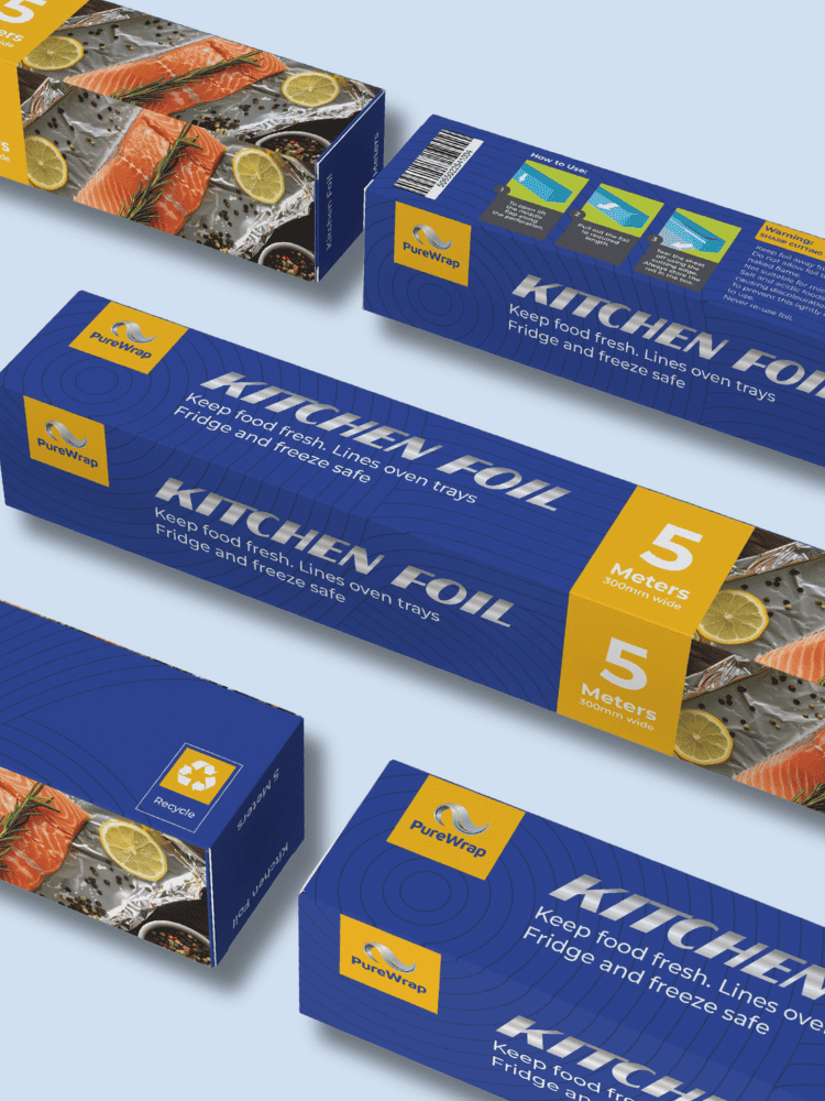Boxes of PureWrap aluminium foil arranged diagonally on a light blue background, showing 5 meters and a salmon dish on the packaging.