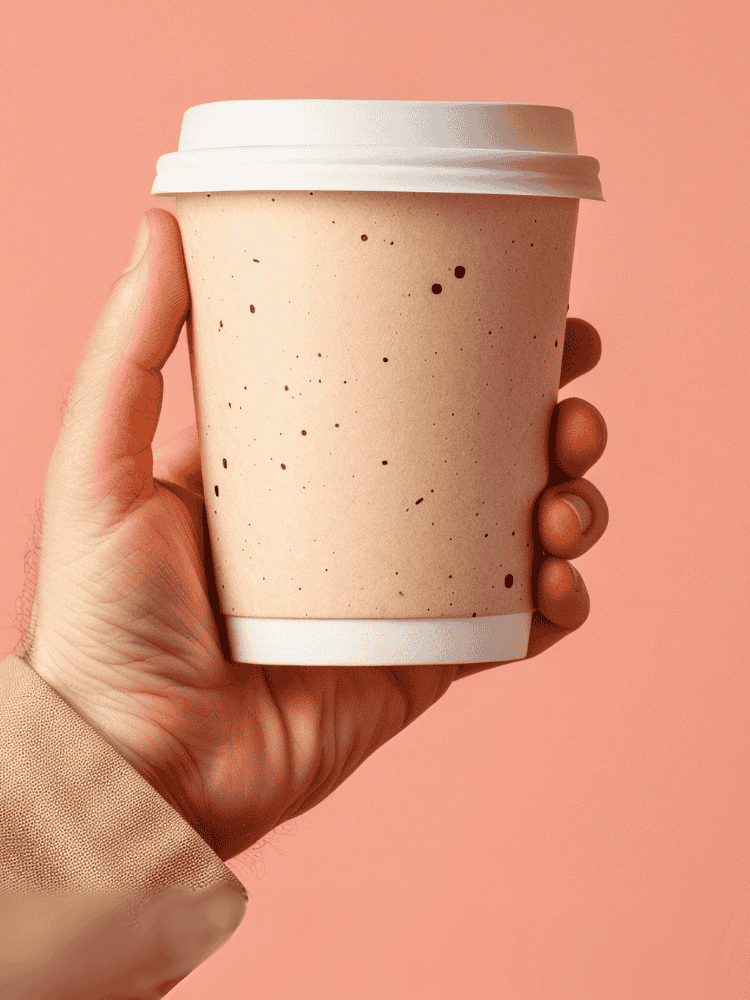 A hand holding a paper coffe cup against a pastel peach background.