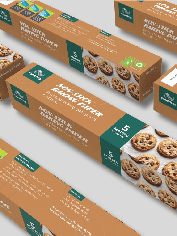 Boxes of Purewrap baking paper are laid out, showing packaging with cookies image and text indicating 5 meters length for baking, grilling, and food prep.