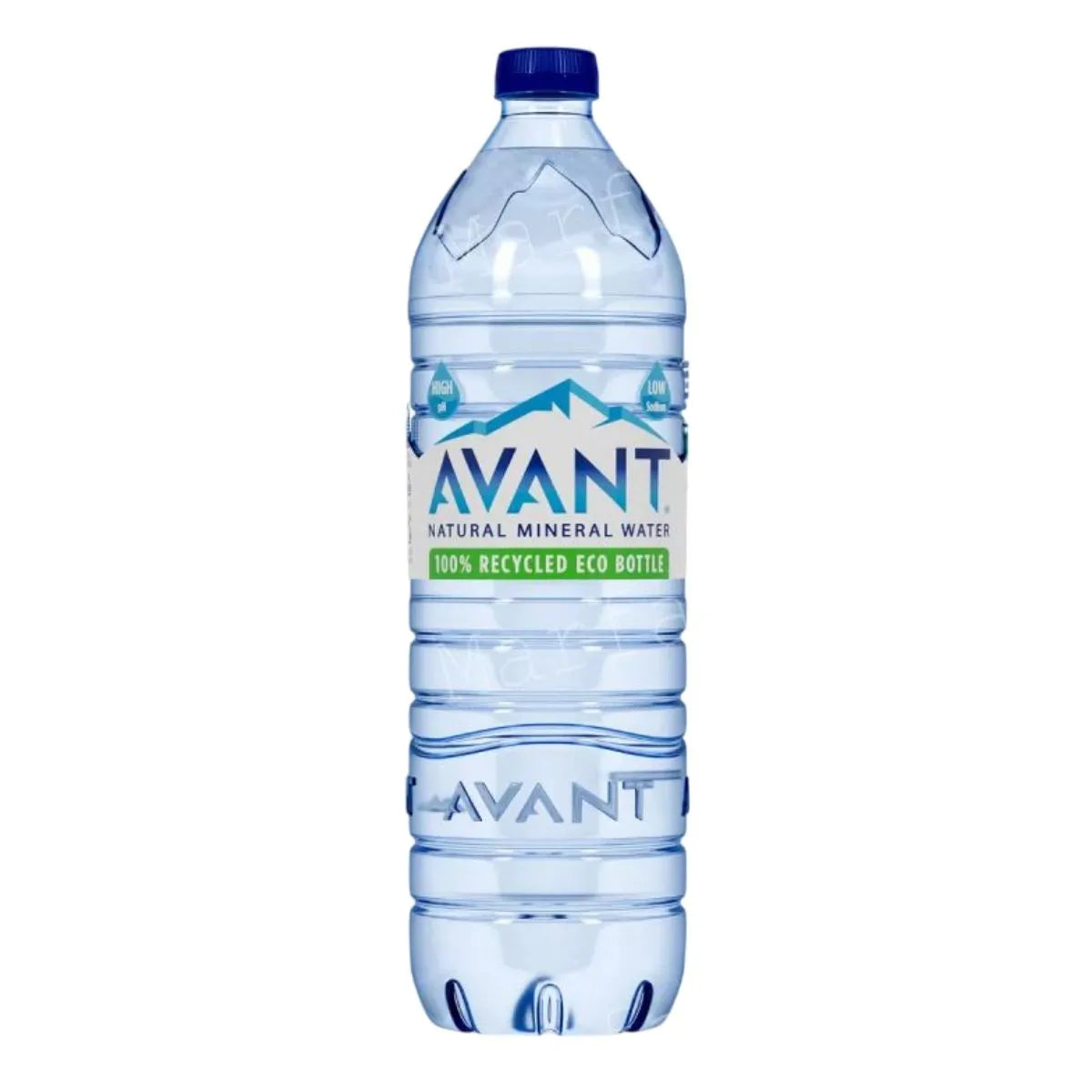 A pack of 6 Avant Mineral Water 1.5L bottles, each with a blue cap and an eco-friendly label stating “100% recycled,” perfect for bottled water needs in the UK.