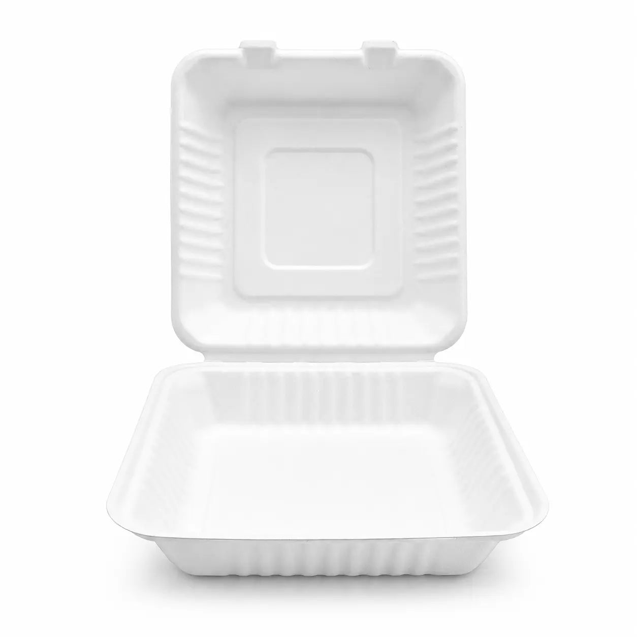 A Bagasse Clamshell Meal Box 9 x 9″, shown open with its white, rectangular, disposable interior empty and lid upright, made from compostable material.
