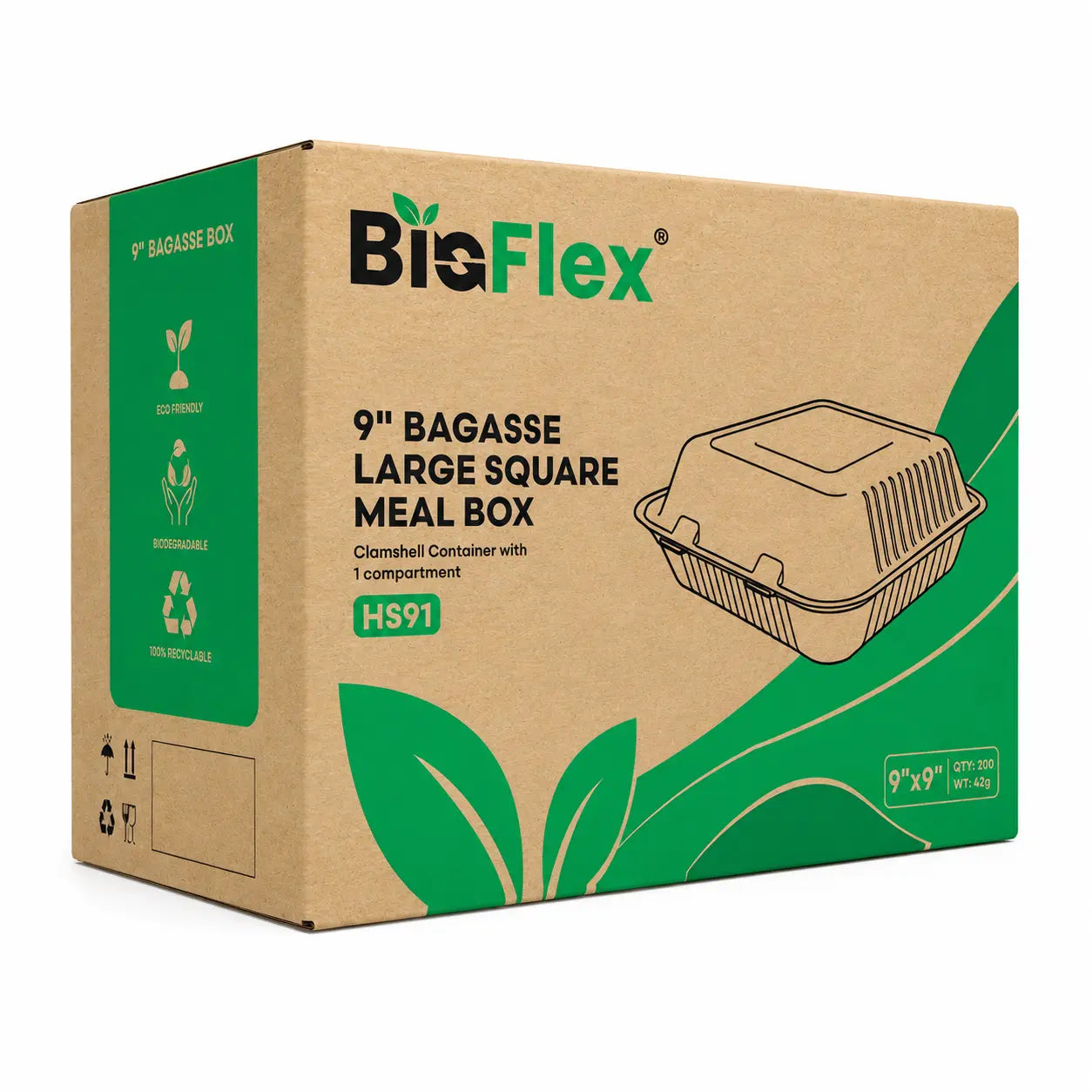 A cardboard box labeled Bagasse Clamshell Meal Box 9 x 9″ featuring green eco-friendly symbols and a product illustration.
