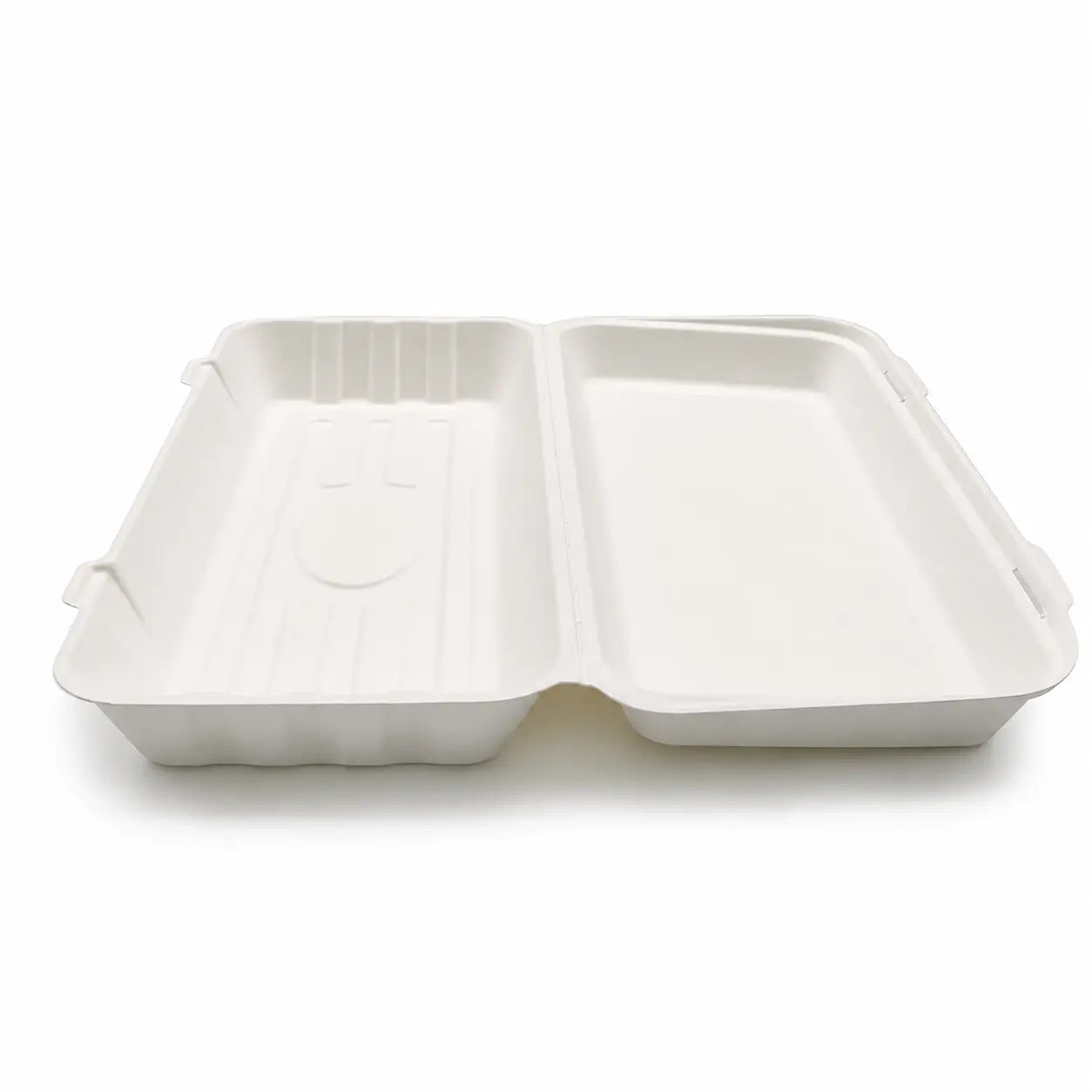A Bagasse Fish & Chips Box Large 1600ml (250 Pack), featuring a white, open, rectangular biodegradable design with two compartments—ideal as a clamshell box for fried food packaging—is displayed on a plain white background.