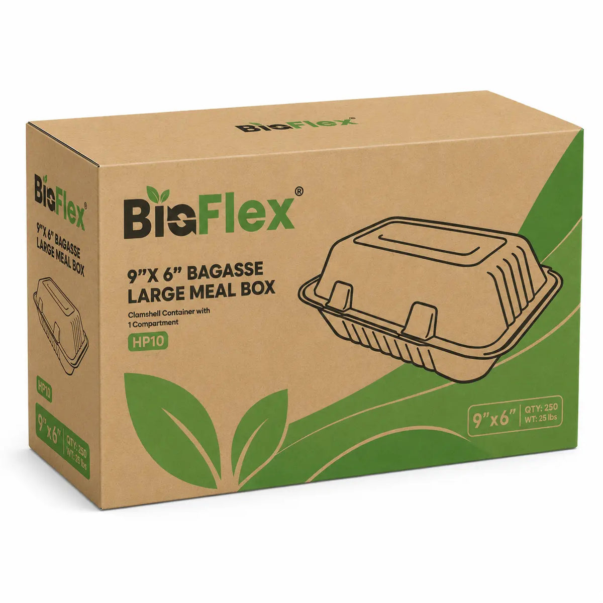 A cardboard box labeled 9x6″ Bagasse Clamshell Takeaway Containers displays an illustration of a compostable clamshell-style food container with green leaf graphics, emphasizing its eco-friendly and microwave-safe packaging.