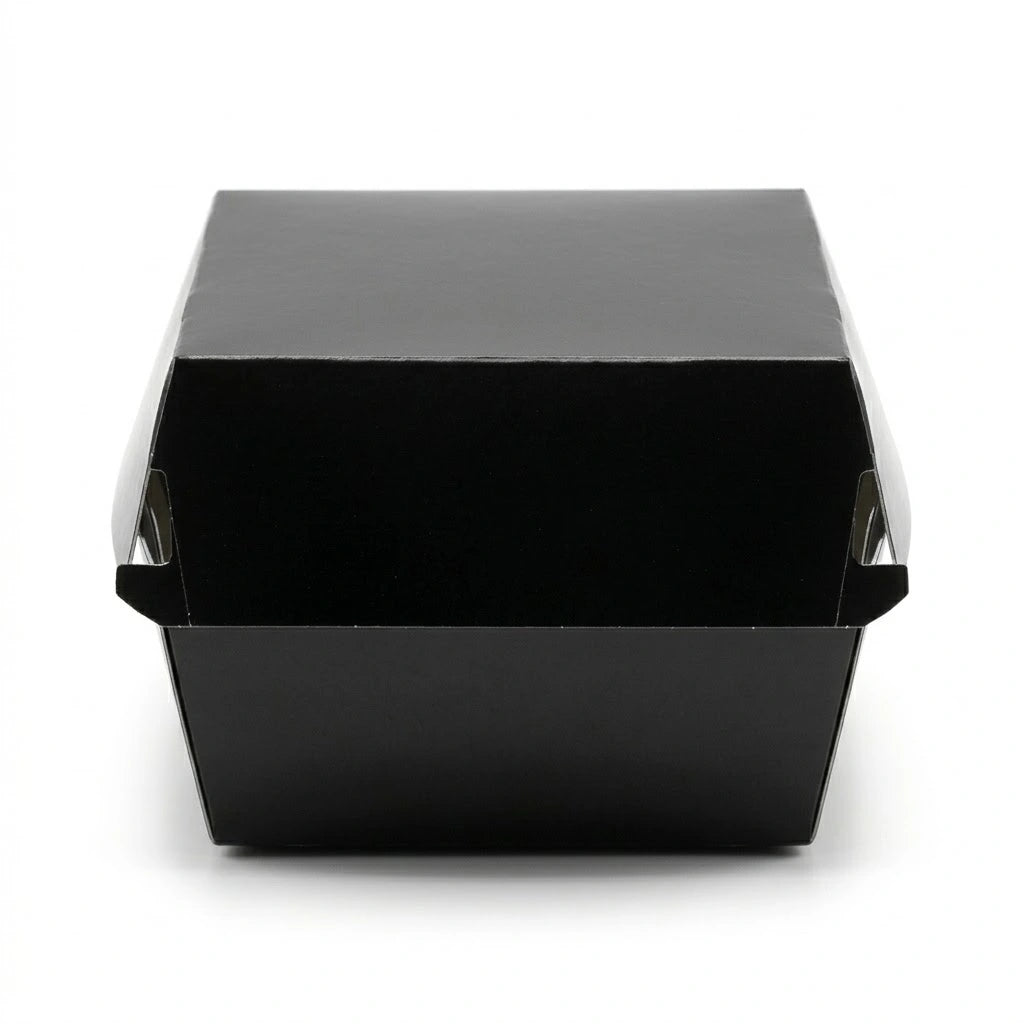 The Black Clamshell Burger Box 4" (200 Pack) is displayed closed against a plain white background, showcasing its sleek takeaway packaging design.