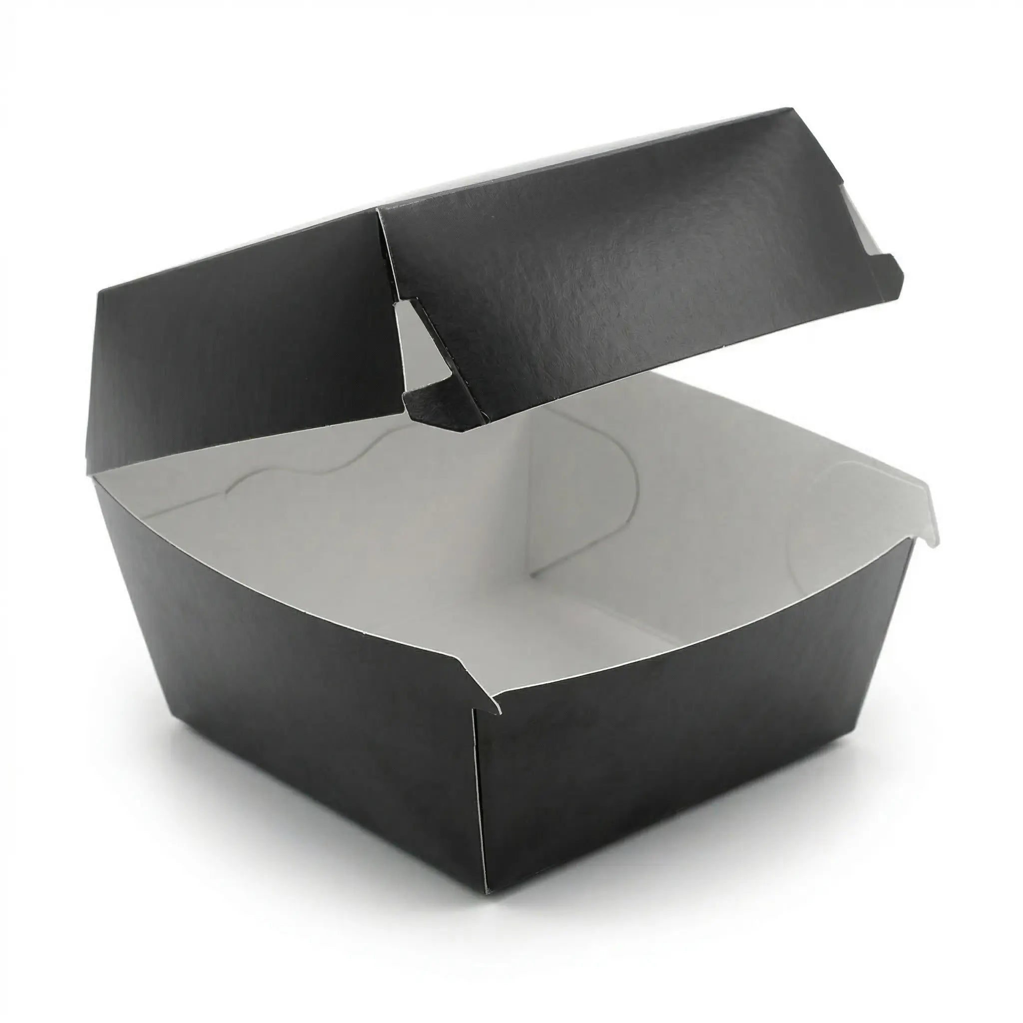 The Black Clamshell Burger Box 4" (200 Pack) is displayed open and empty against a white background, showcasing its practical design for convenient takeaway packaging.