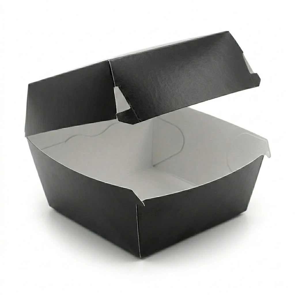 The Black Clamshell Burger Box 5" (200 Pack) is shown empty with the lid partly open on a white background—ideal for takeaway packaging.