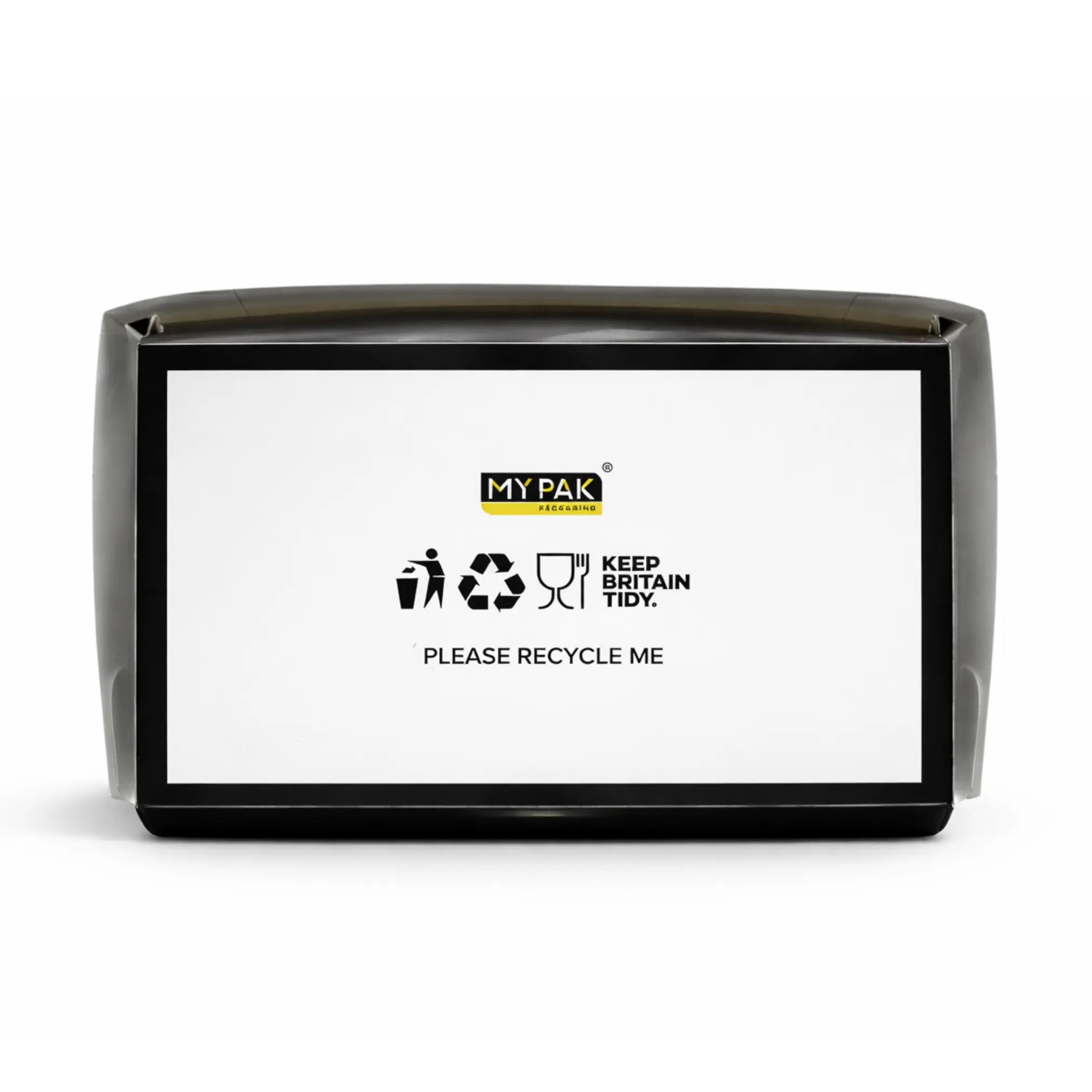 A Black Clamshell Meal Box Large HP10 from a 200 pack features recycling and trash symbols along with the text "Please Recycle Me" and "Keep Britain Tidy" on the front label.