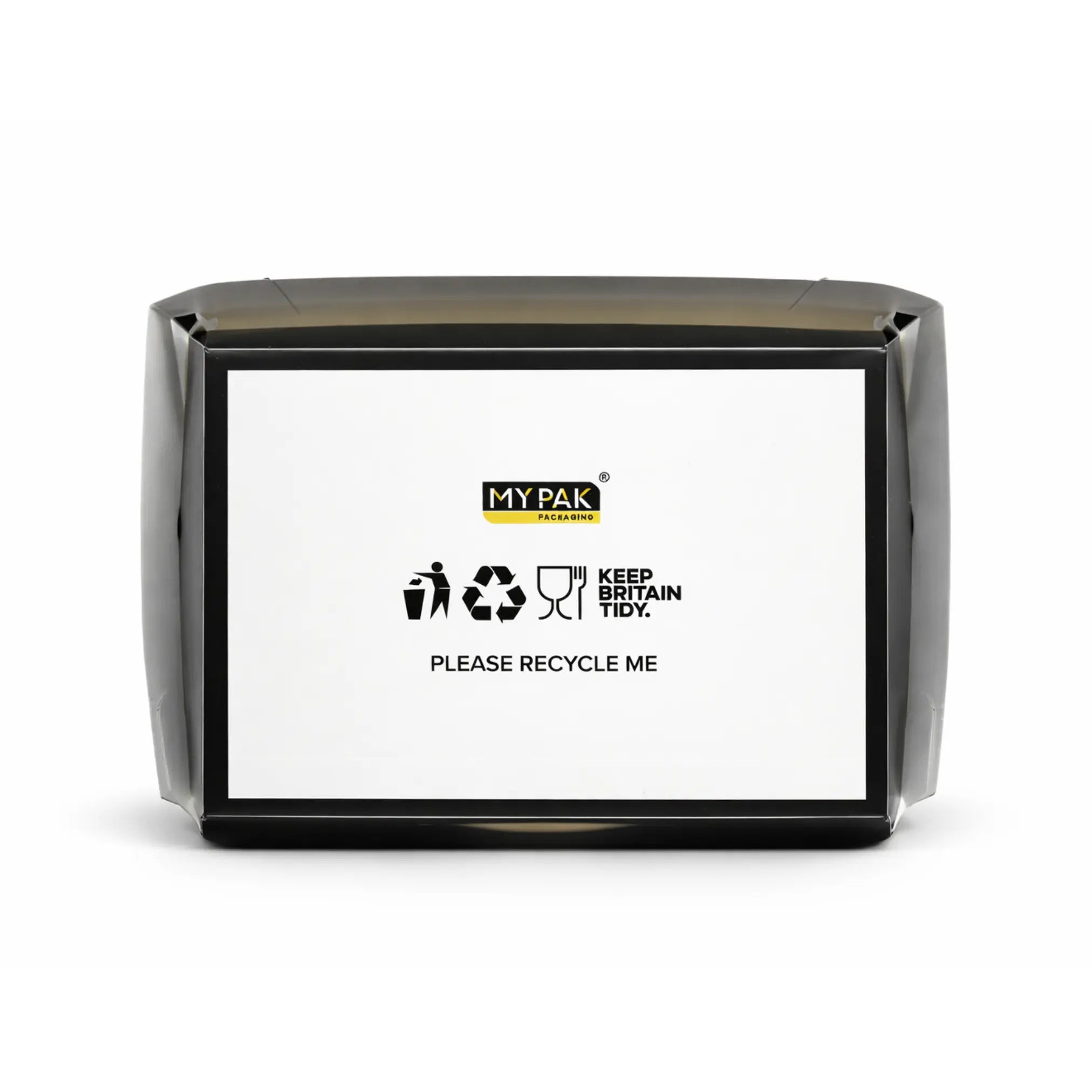 The Black Clamshell Meal Box Medium HP9 (200 pack) is a black and white paperboard meal box featuring recycling symbols and the "Keep Britain Tidy" message—ideal for takeaway packaging. Please recycle after use.