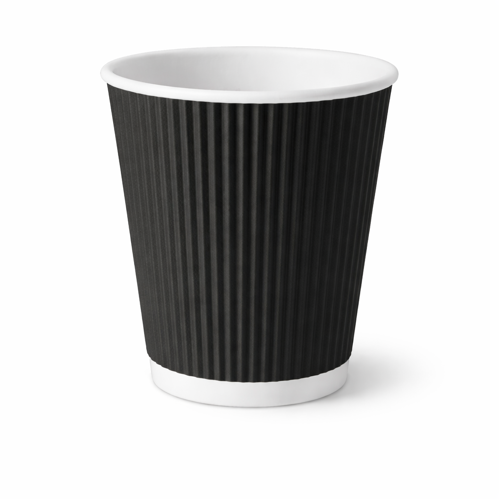 The Black Ripple Coffee Cups 8oz 500 Pack features a ribbed black exterior with a white interior and base, ideal for takeaway or disposable coffee cup needs.