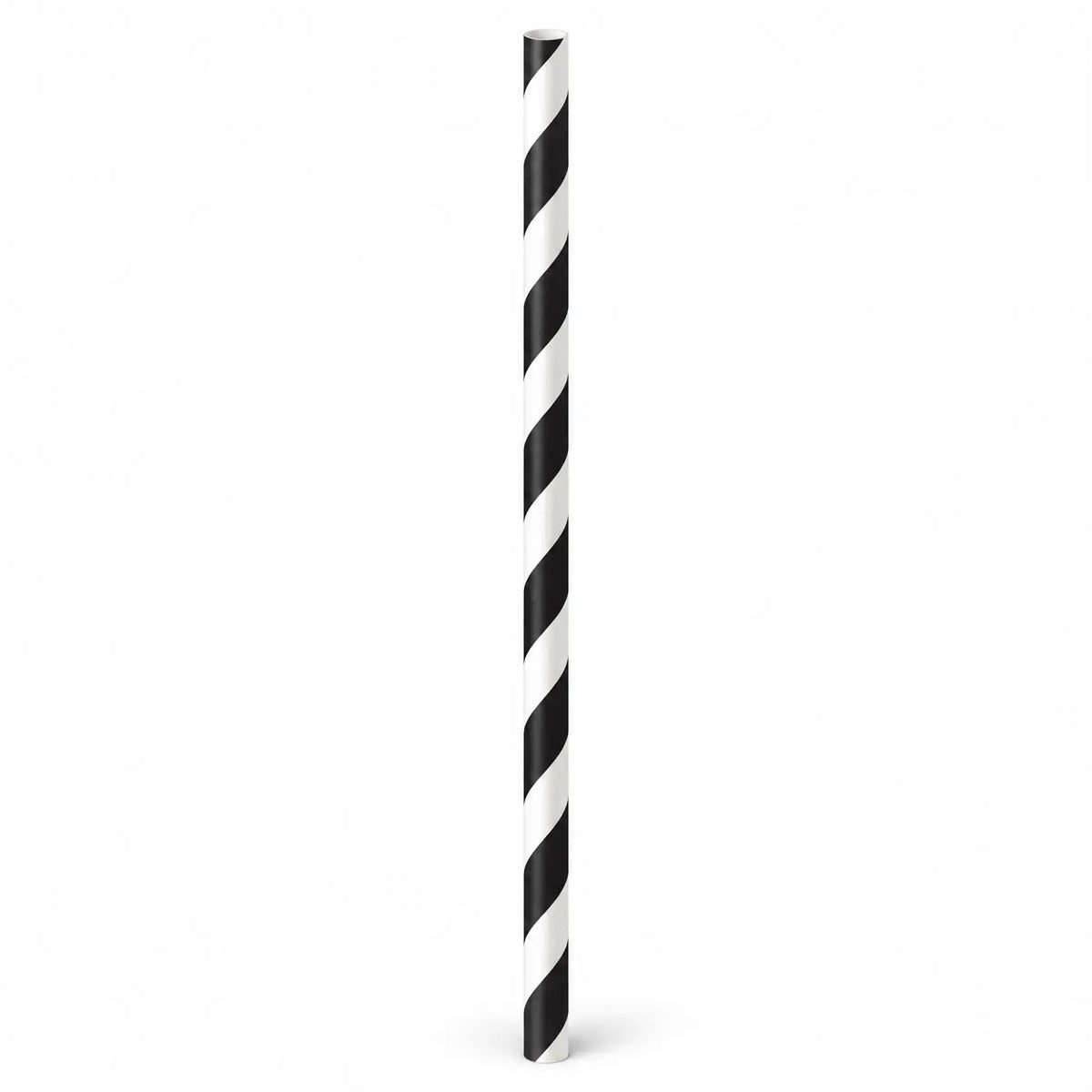 An individually wrapped 8mm x 230mm Paper Straw with black and white diagonal stripes stands upright on a plain white background, showcasing its biodegradable design.