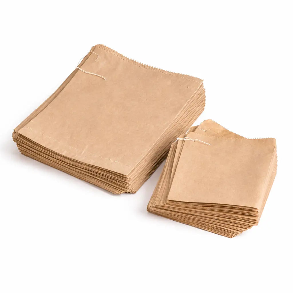 A bundle of Brown Paper Bags 12" x 12", 1000 Pack, is secured with a thin metal wire on a white background.