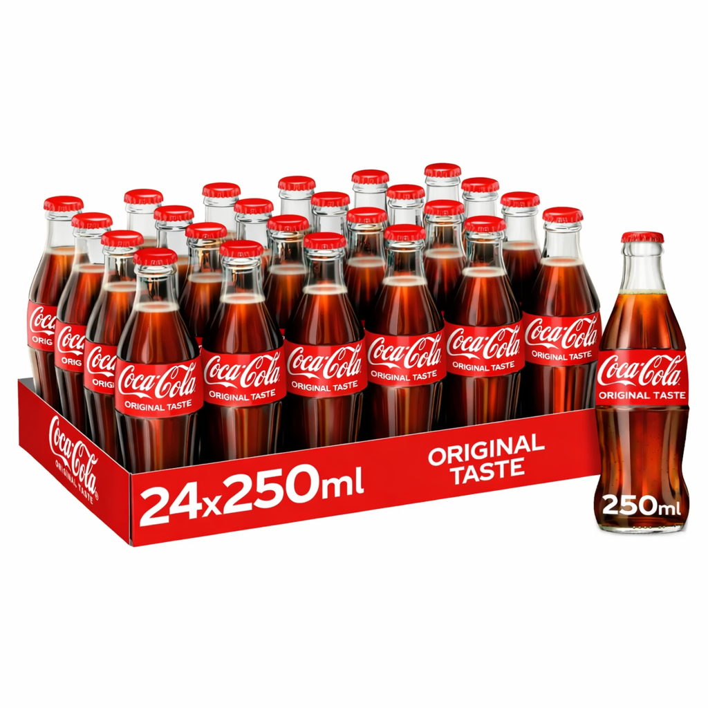 Coca Cola Original 250ml Glass Bottles 24 Pack—classic red-labeled bottles in a branded tray, perfect for Kurdistan import and soft drinks wholesale.