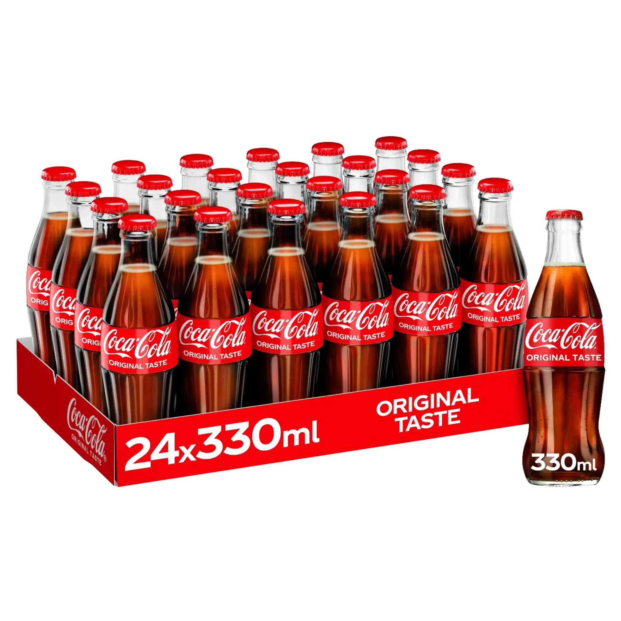A cardboard tray with 24 Coca Cola Original 330ml Glass Bottles (24 Pack), plus one bottle displayed to the right—perfect for soft drinks wholesale needs.