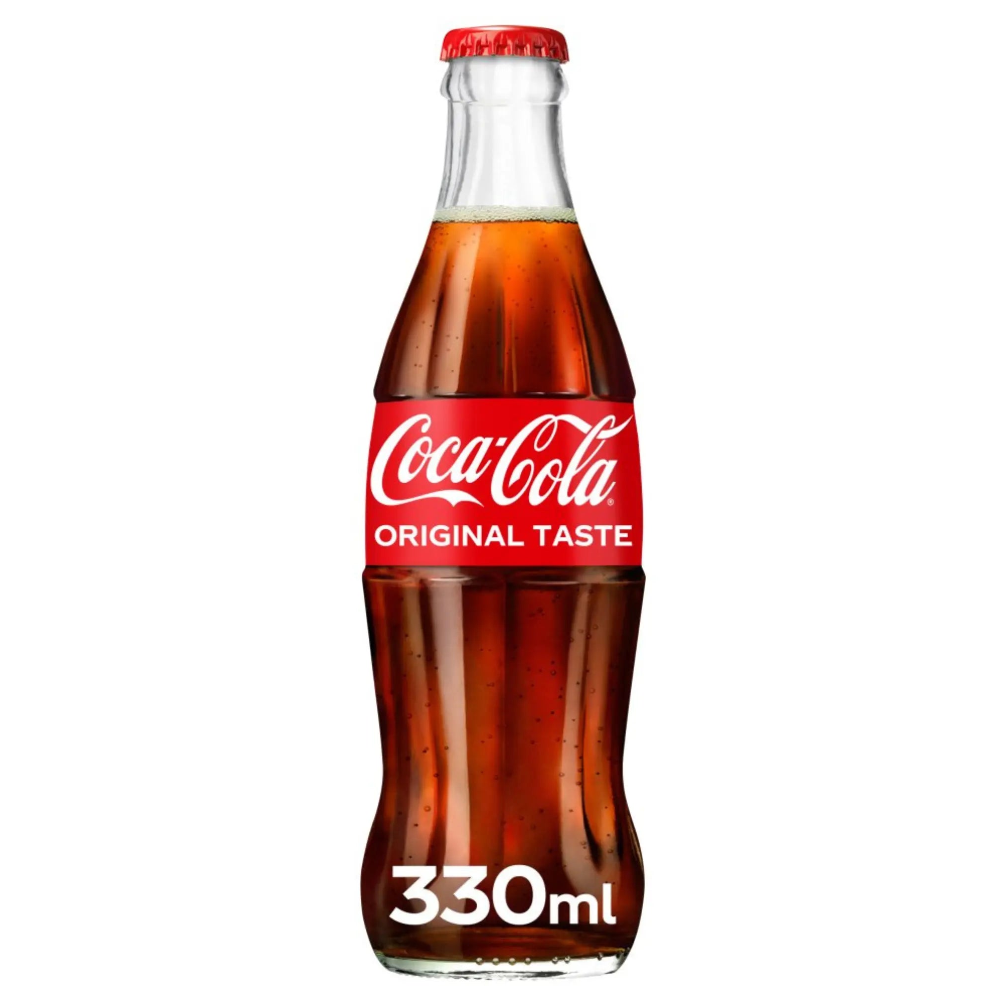 Coca Cola Original 330ml Glass Bottles 24 Pack—red label, white text—perfect for soft drink wholesalers or Coca-Cola glass bottle collectors.