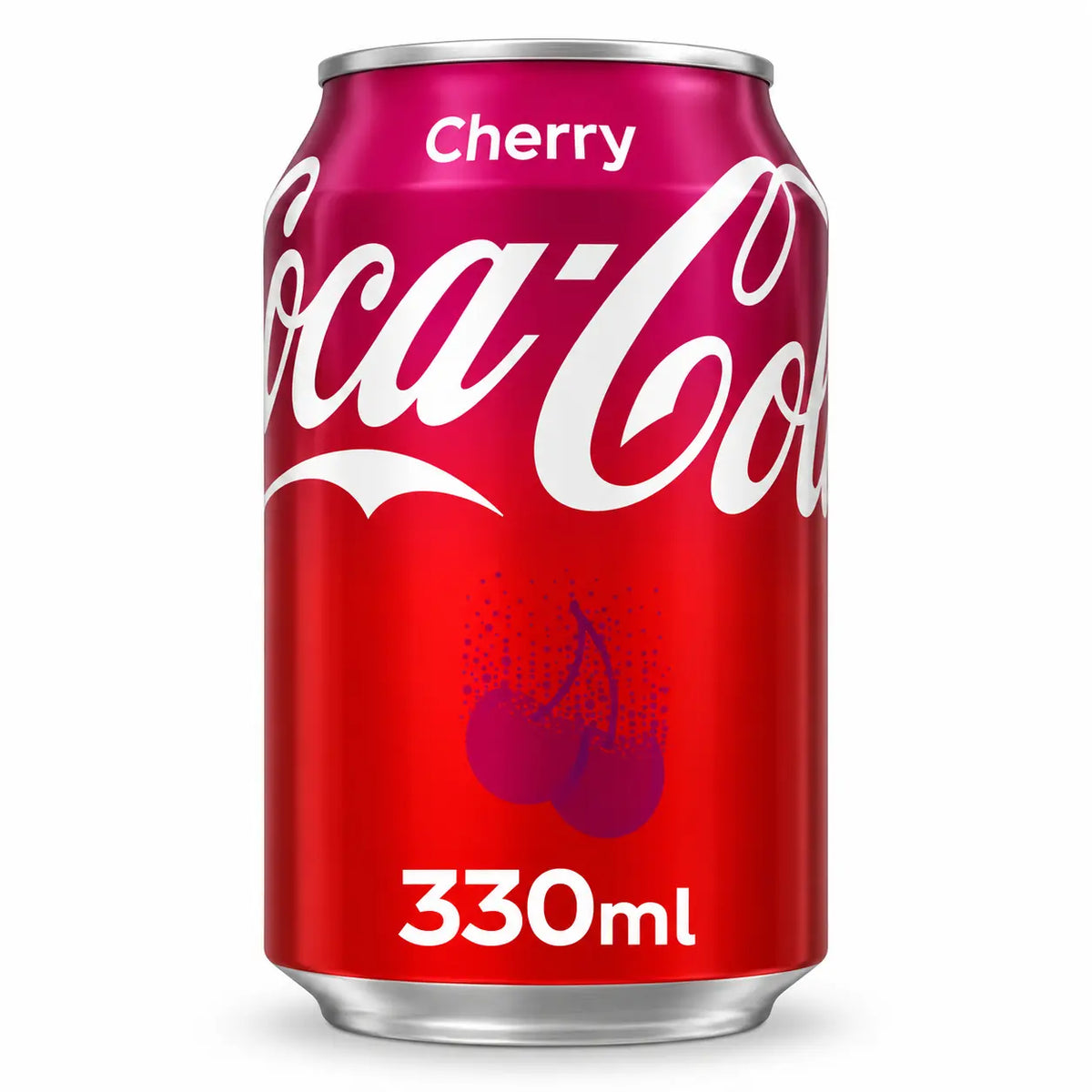 A 330ml can from the Coca Cola Cherry 24 x 330ml EU pack, a popular German import, is decorated with a red and purple design, white text, and an illustration of cherries on the front.