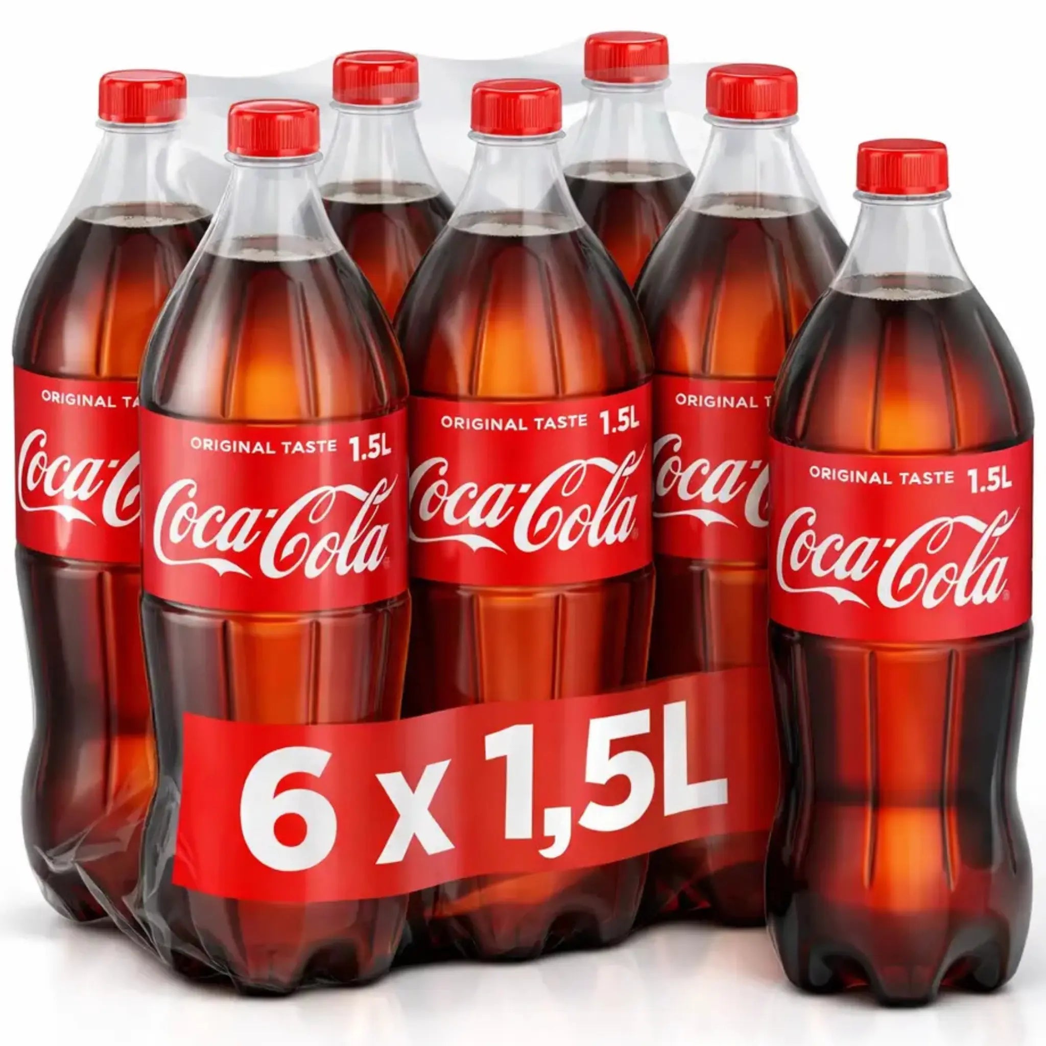 Coca-Cola Original Taste, 6-pack of 1.5L bottles, displayed in a box with a vibrant red design.
