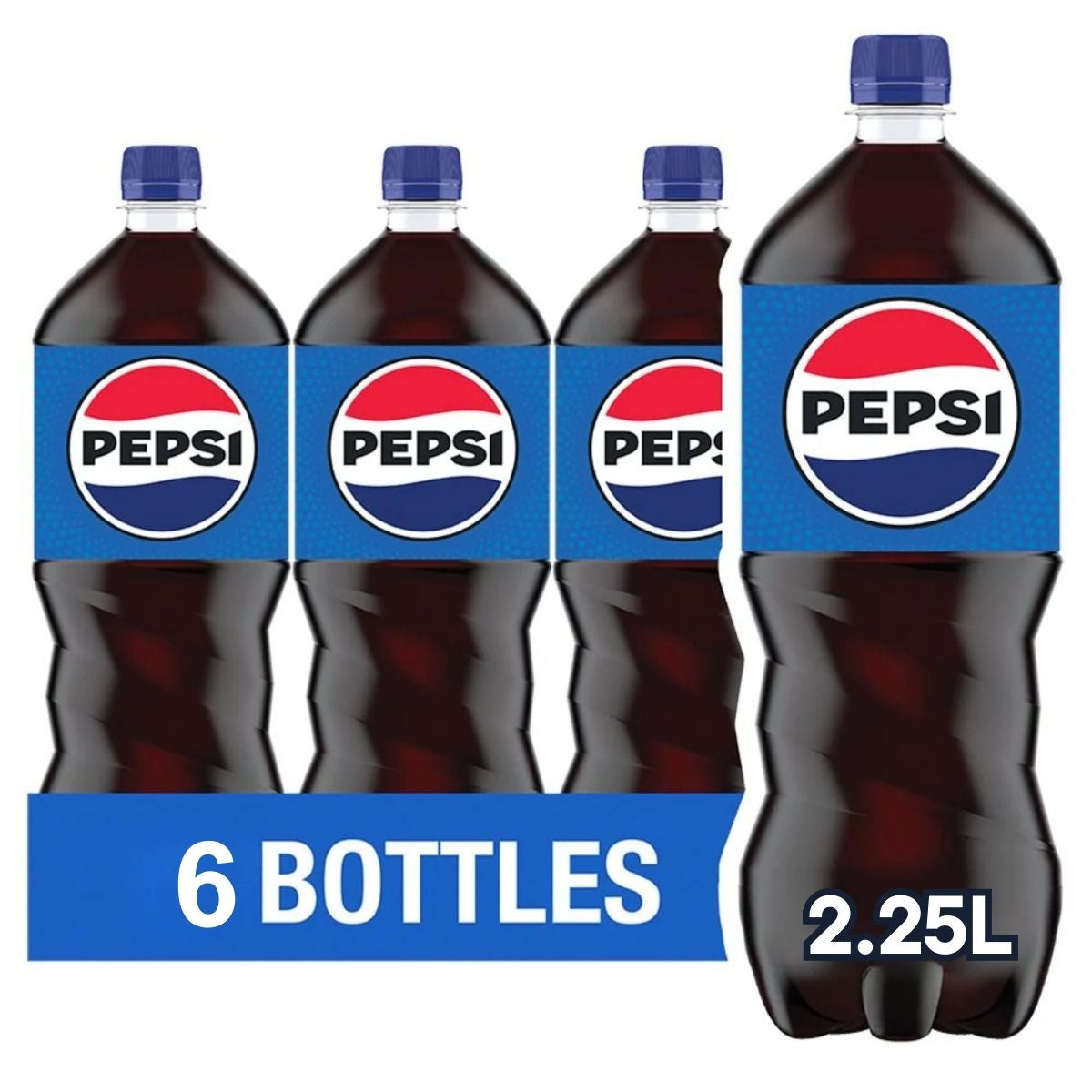Six bottles of Pepsi Original 6 x 2.25L, each with blue labels, are displayed with a sign reading "6 BOTTLES" and "2.25L," highlighting this bulk soft drink pack, perfect for parties or special occasions.
