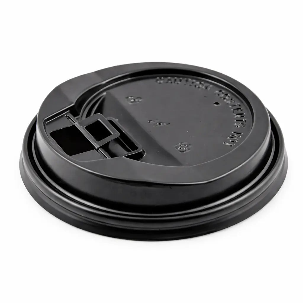 Coffee Cups Lids 10/12/16oz 500 Pack—black plastic lids with sip hole and raised text, shown flat on a white background.