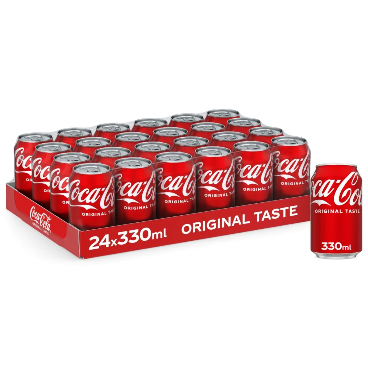 A tray of Coca Cola Original 24x 330ml DK cans in red branding, with one can shown separately on the right.