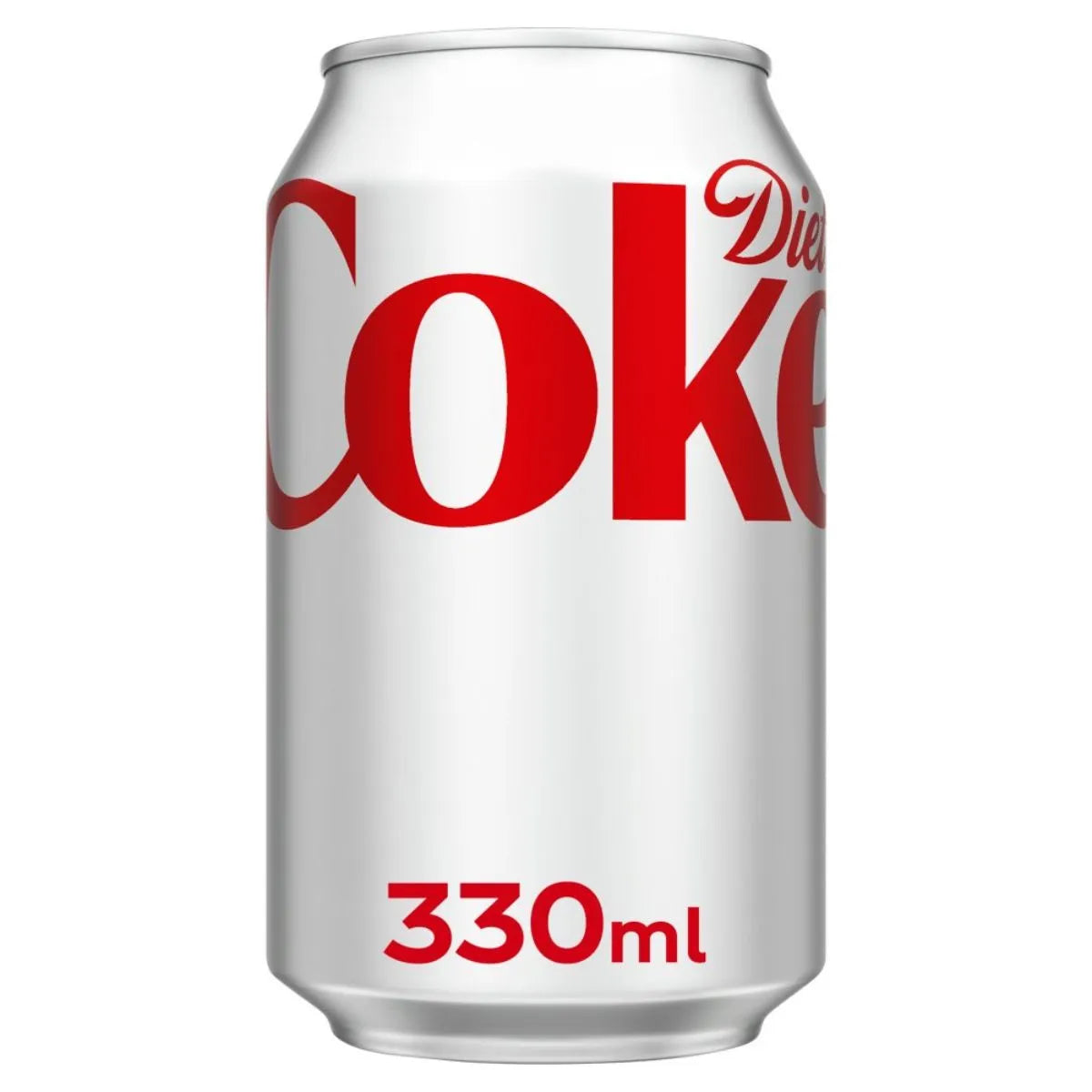 A silver 330ml can from the Diet Coke 24 x 330ml Multipack stands upright against a plain white background, showcasing this sugar-free soft drink—ideal for those seeking refreshing bulk beverages wholesale.