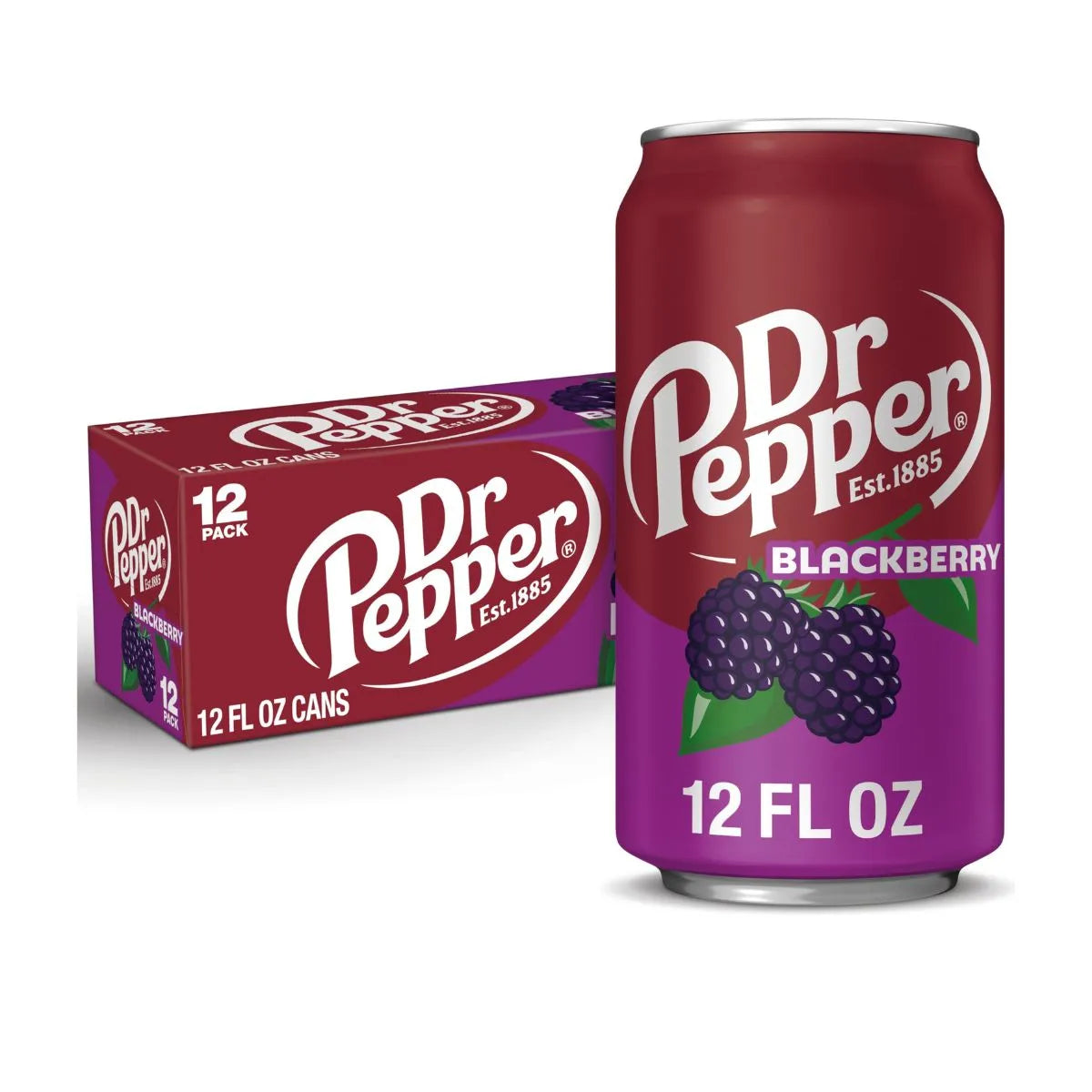 A can of Dr Pepper Blackberry USA 355ml is displayed in front of its 12 x 355ml pack, both featuring blackberry images and the Dr Pepper logo—a great choice for fans of unique imported soft drinks.