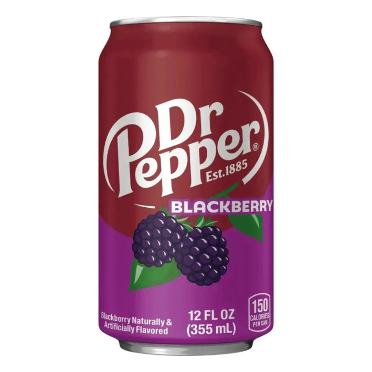 A can from the Dr Pepper Blackberry USA 12 x 355ml pack, an imported soft drink featuring blackberry imagery and nutrition facts on the front.