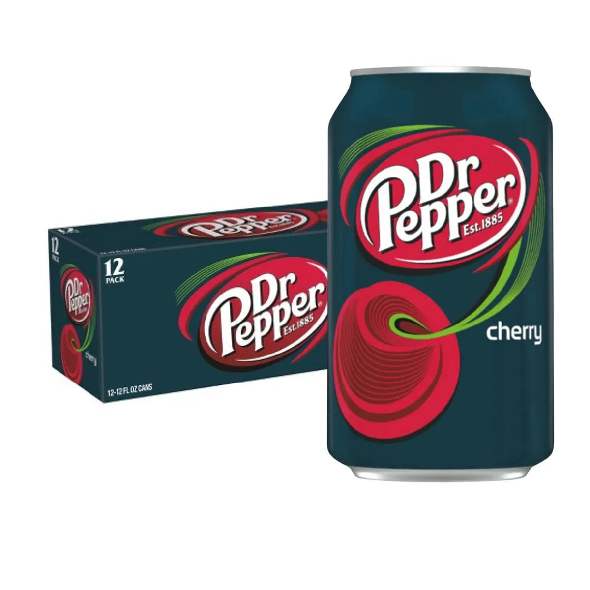 The Dr Pepper Cherry USA 12 x 355ml pack features cans with vibrant swirl designs and the iconic logo—ideal for those looking to buy wholesale soft drinks or import sodas from the USA.