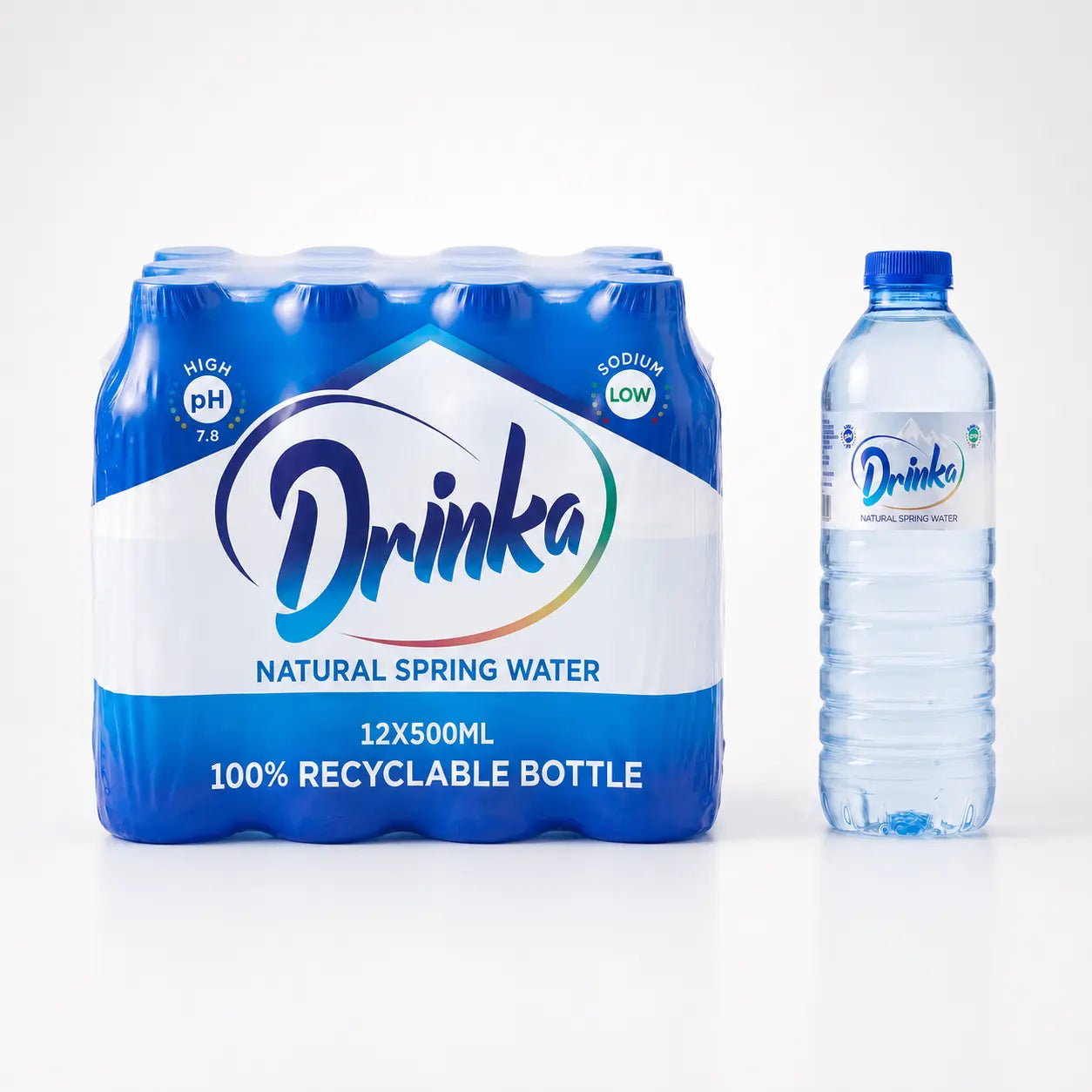A 12-pack of Drinka Spring Water 500ml x 12, featuring blue and white labels and pure natural spring water from Turkey, is displayed beside a single bottle.