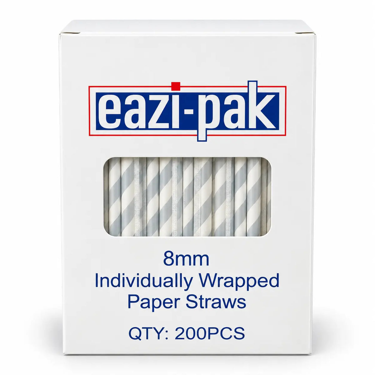 White box labeled Paper Straws 8mm x 230mm Individually Wrapped containing 200 biodegradable paper straws, each individually wrapped and visible through a clear window on the front of the packaging.