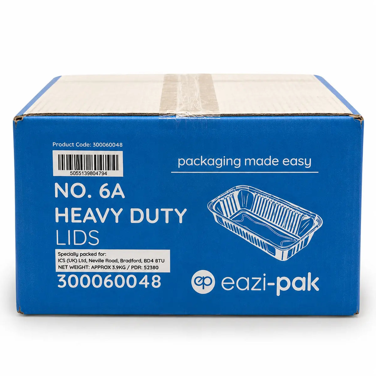 A blue cardboard box labeled with the brand name eazi-pak, displaying product and barcode information, features an illustration of a No.6 foil container lid and the description “Aluminium Foil Container Lids No.6 500 Pack.”.