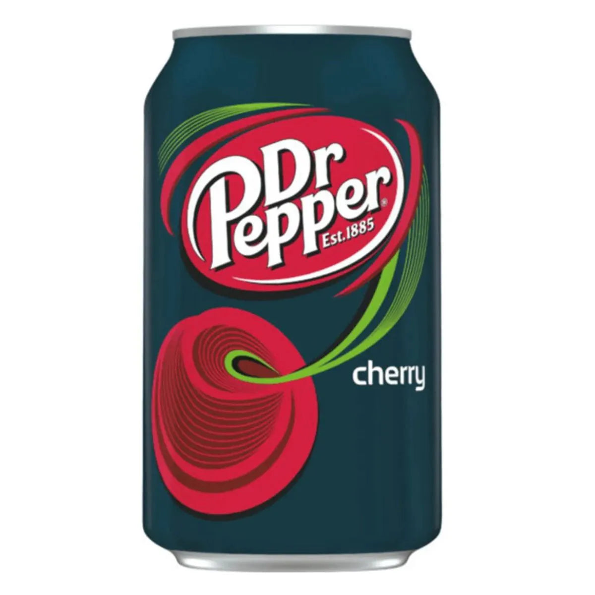 A pack of Dr Pepper Cherry USA 12 x 355ml cans featuring dark backgrounds, red and green swirls, and the classic white logo—a popular American soft drink ideal for wholesale buyers and soda fans.