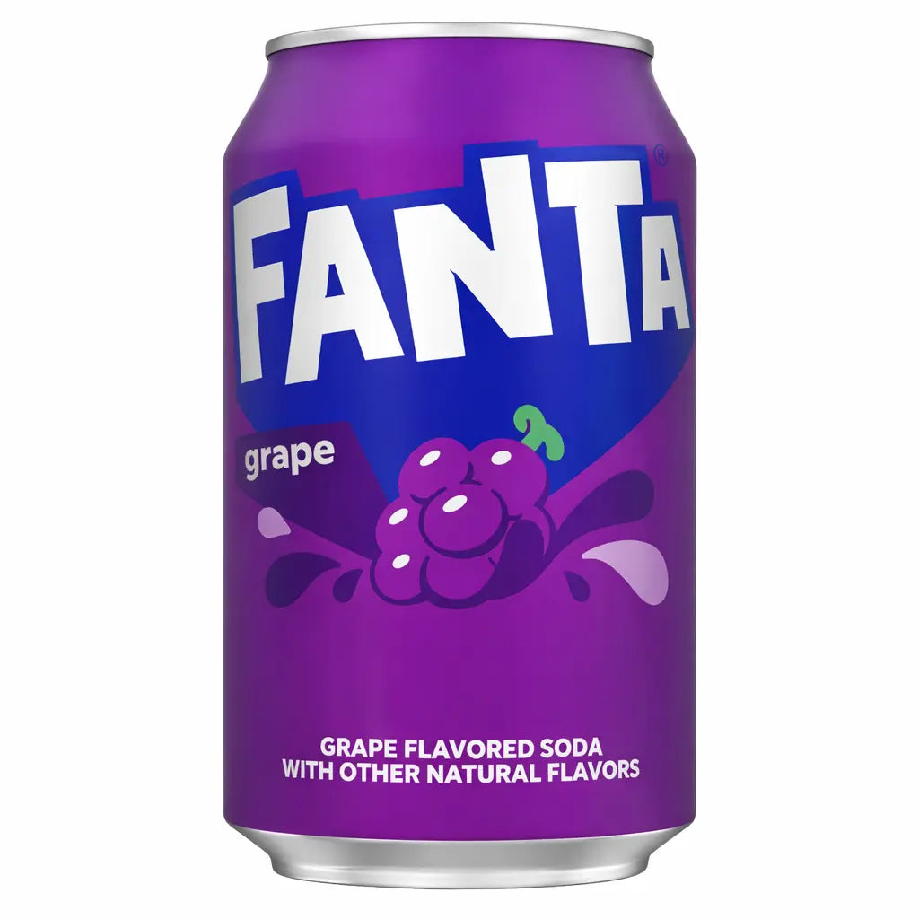 Imported from the USA, Fanta Grape USA 12 x 355ml comes in eye-catching purple cans with grape illustrations, offering a bold grape flavor with other natural notes—a must-try for fans of fruity sodas.