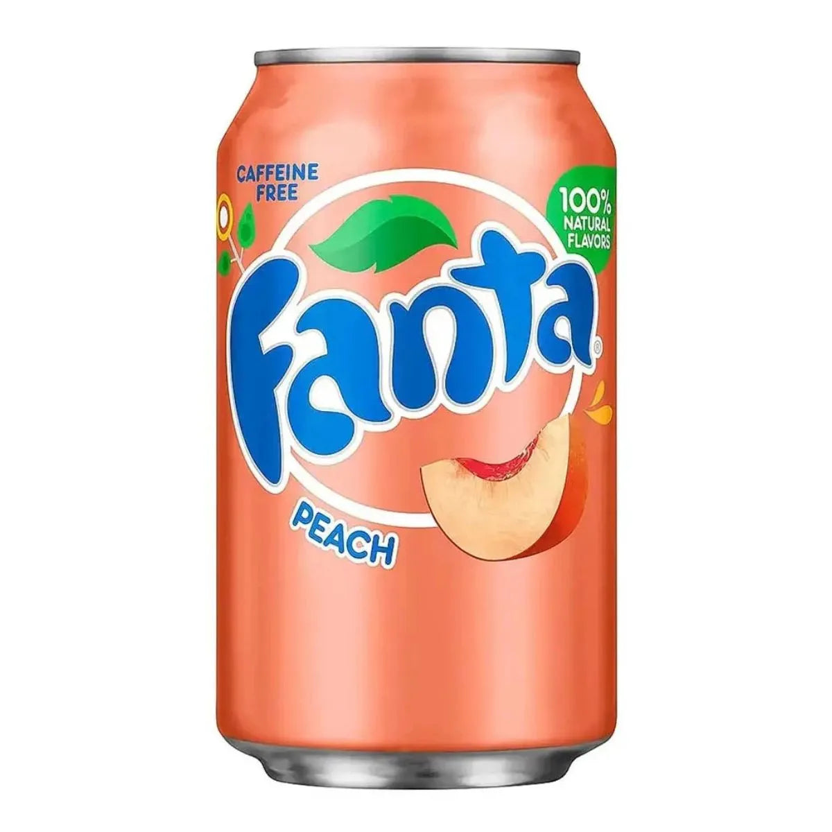 Fanta Peach USA 12 x 355ml is a peach-flavoured soft drink in cans with a peach graphic, labeled caffeine free and made with 100% natural flavors.
