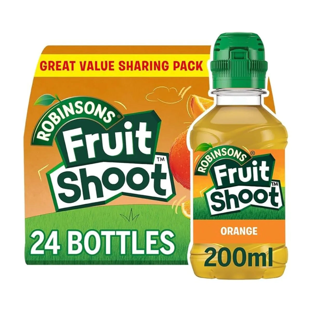 A 24 x 200ml value sharing pack of Fruit Shoot Orange kids fruit drink is displayed, ideal for bulk soft drinks buyers.