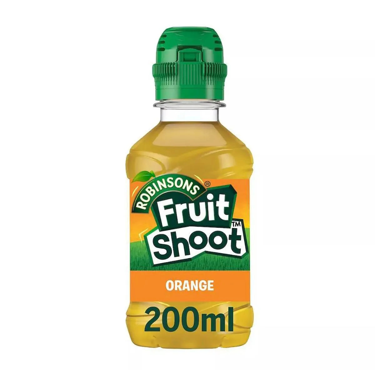 Fruit Shoot Orange 24 x 200ml features handy kid-sized bottles with green caps and orange labels—ideal for those looking to buy soft drinks wholesale.