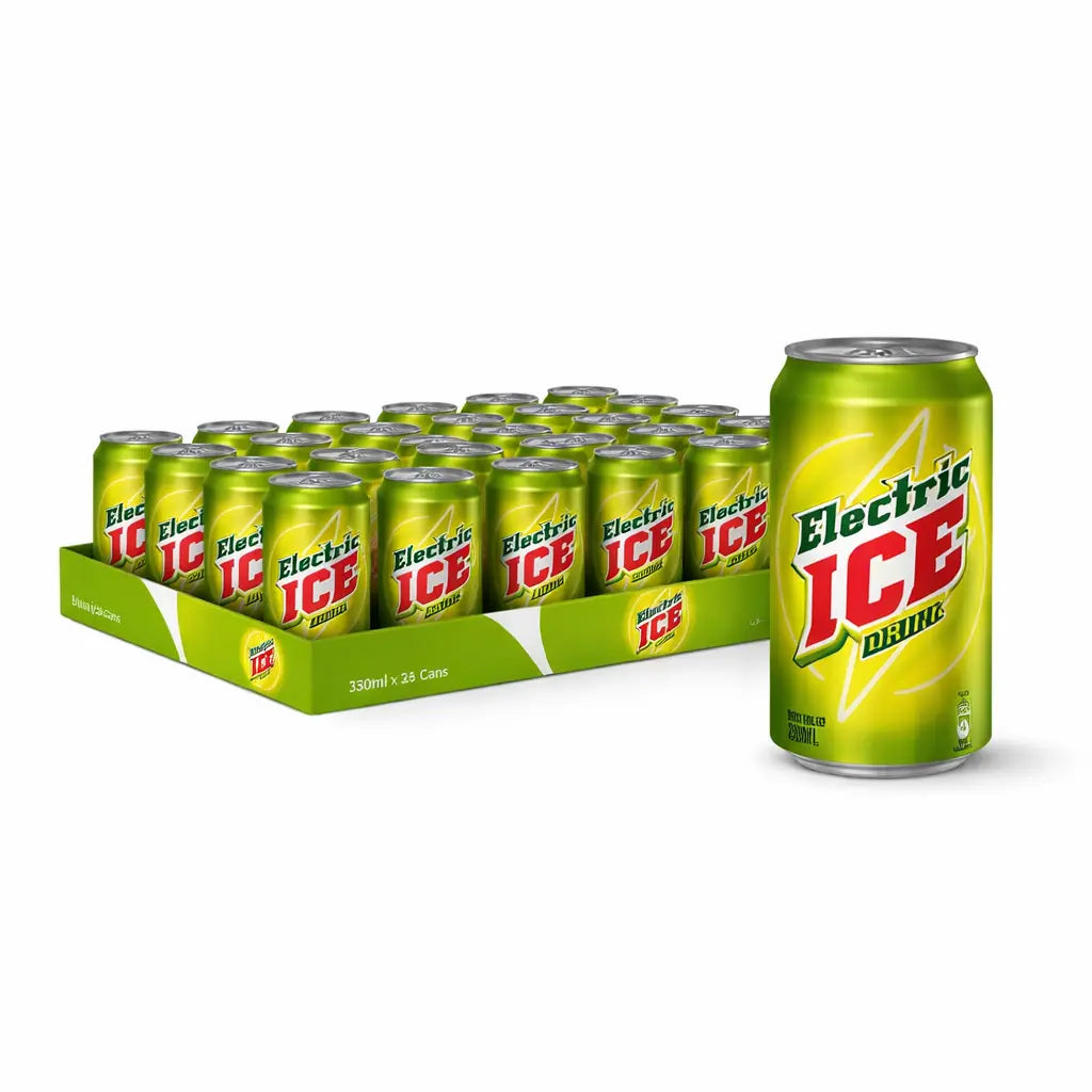A 24-pack of Ice Electric 330ml cans is shown, featuring green packaging with red and yellow Ice Electric branding; one can is placed in front for display.